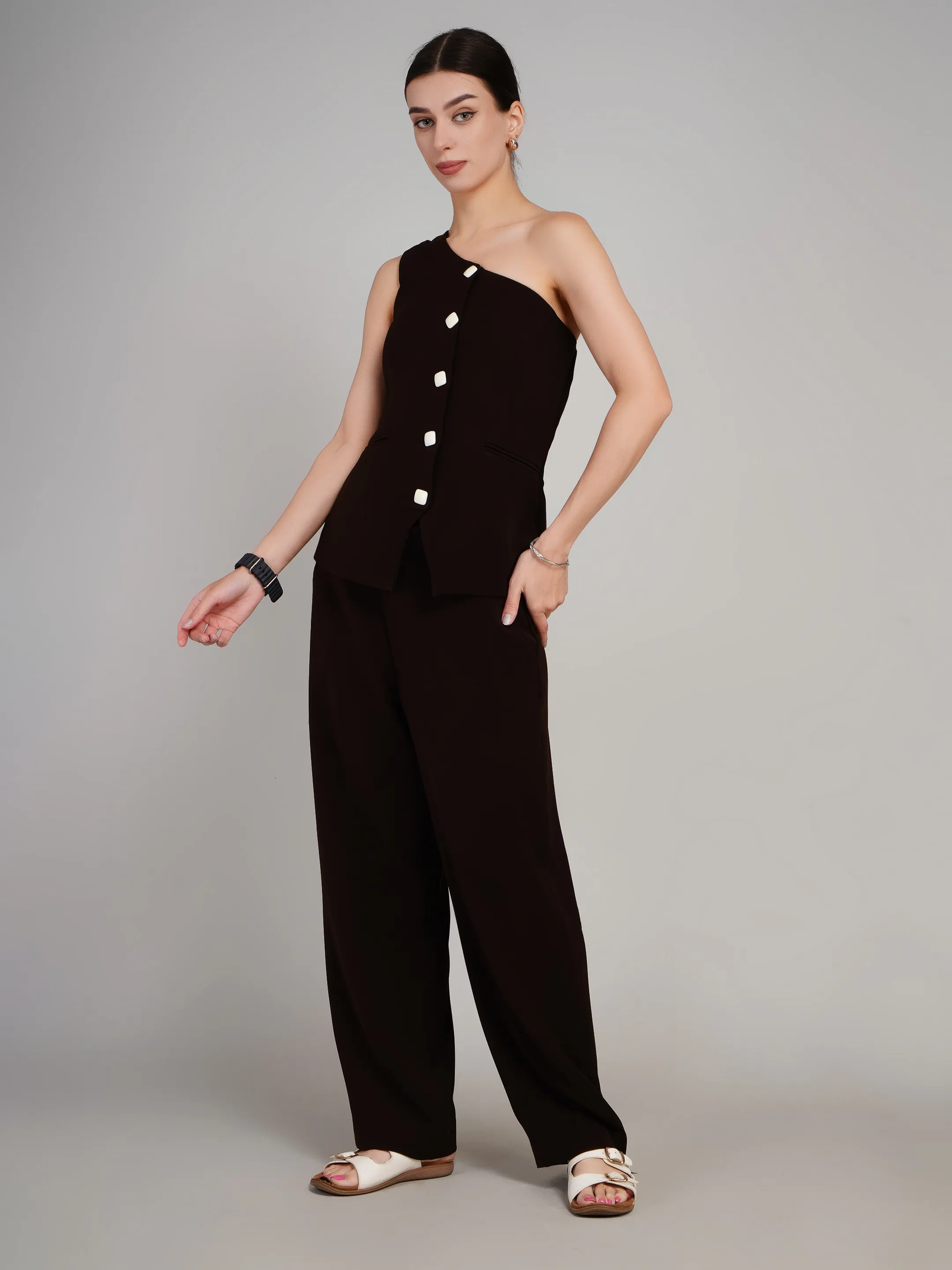CHOCOLATE BROWN ONE SHOULDER  CORDED SET 