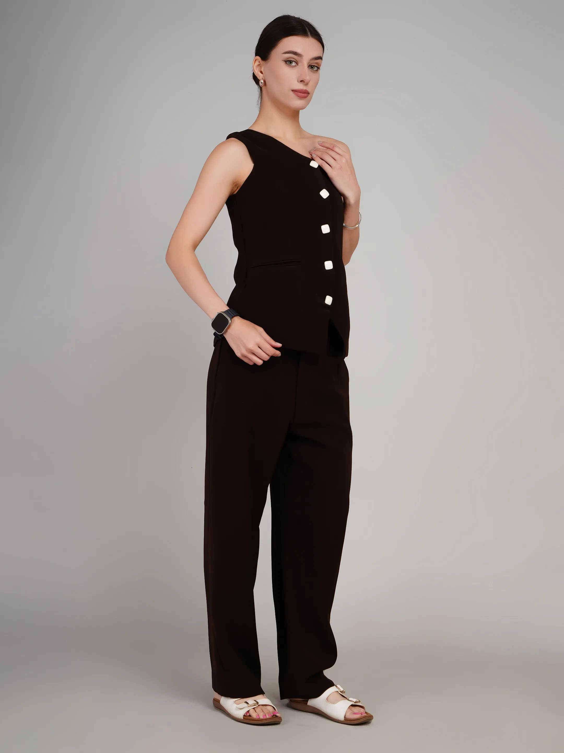 CHOCOLATE BROWN ONE SHOULDER  CORDED SET 