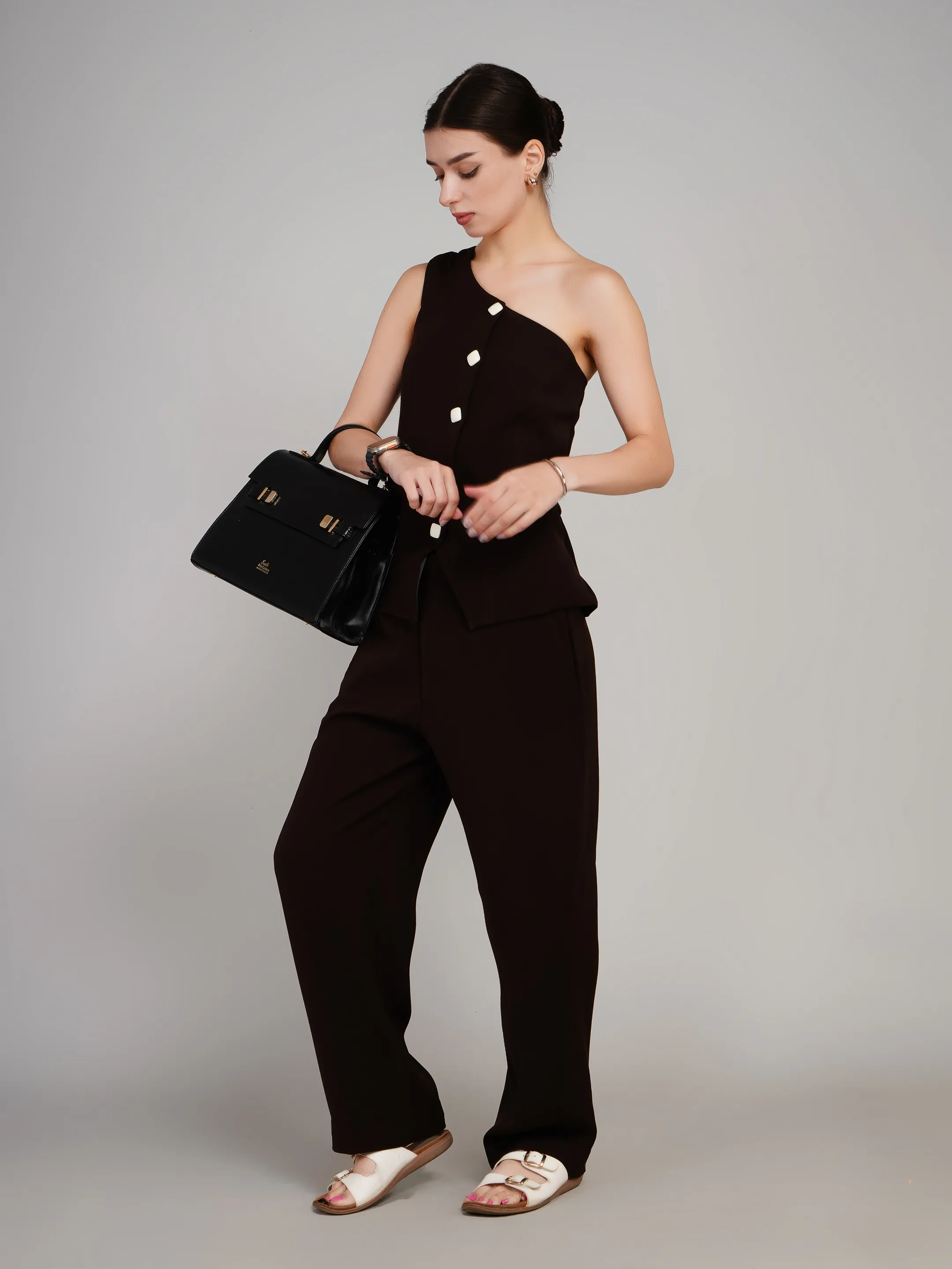 CHOCOLATE BROWN ONE SHOULDER  CORDED SET 