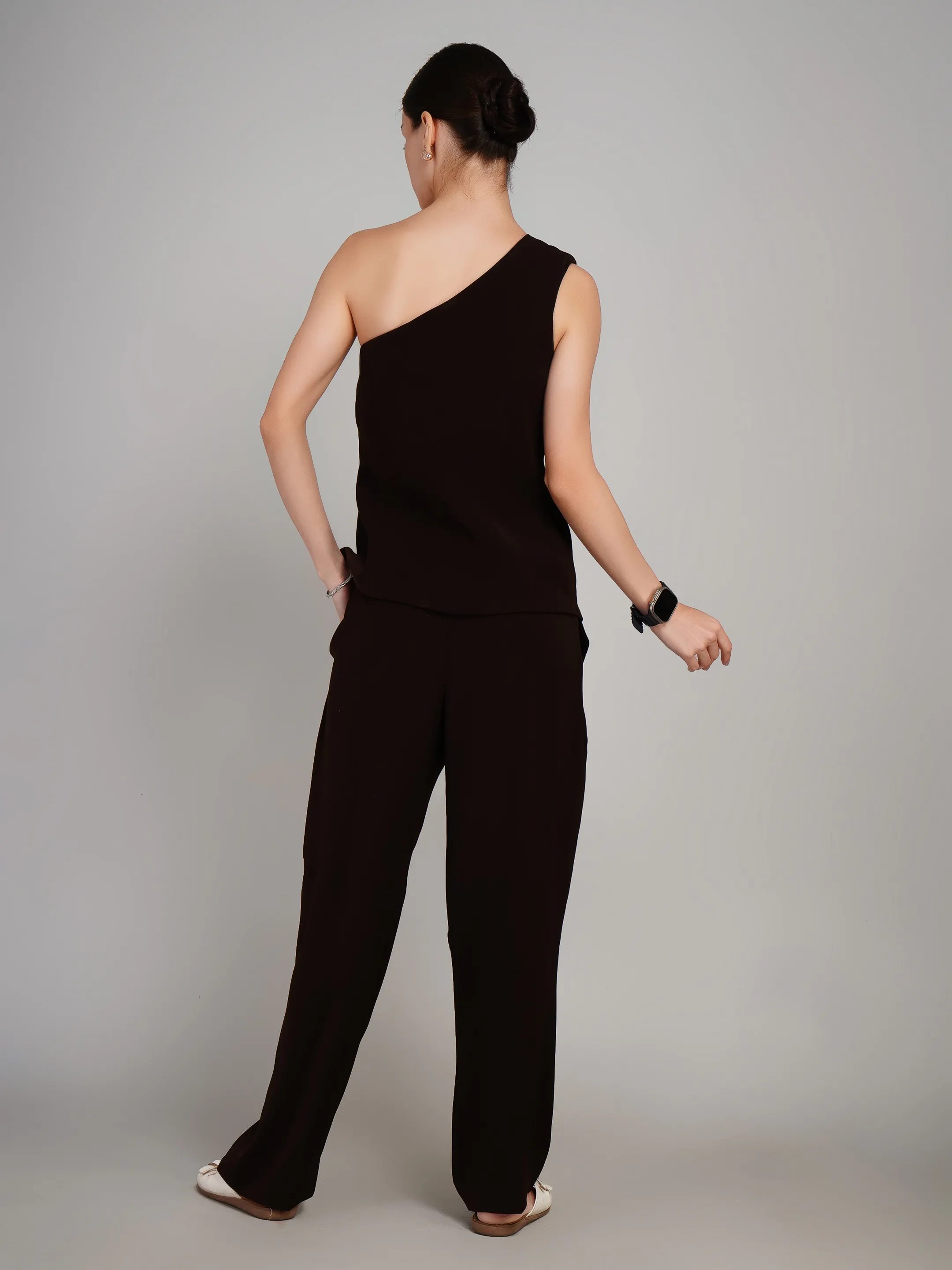 CHOCOLATE BROWN ONE SHOULDER  CORDED SET 