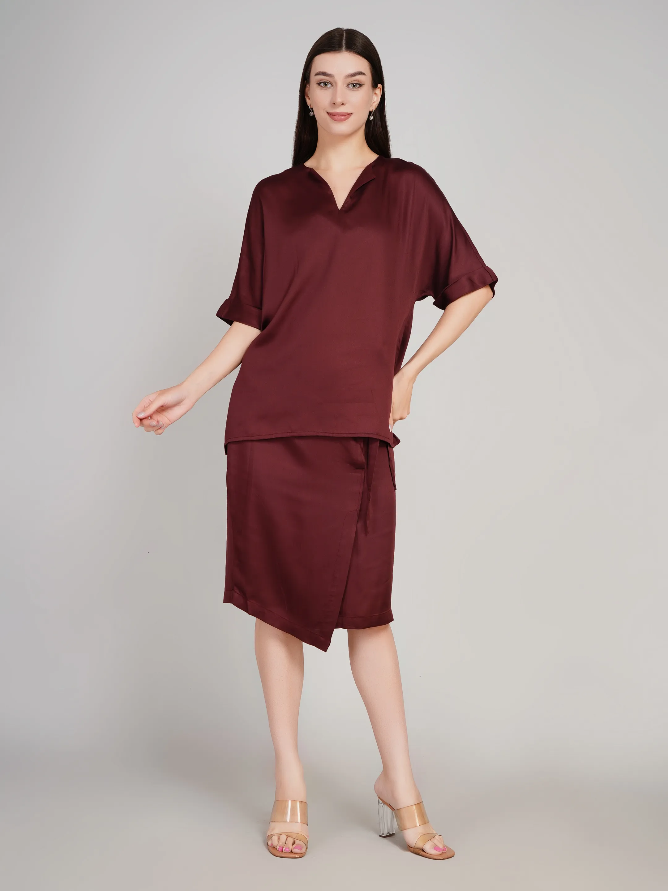 Women Burgundy Solid Satin-Finish Co-Ord Set with Wrap Skirt