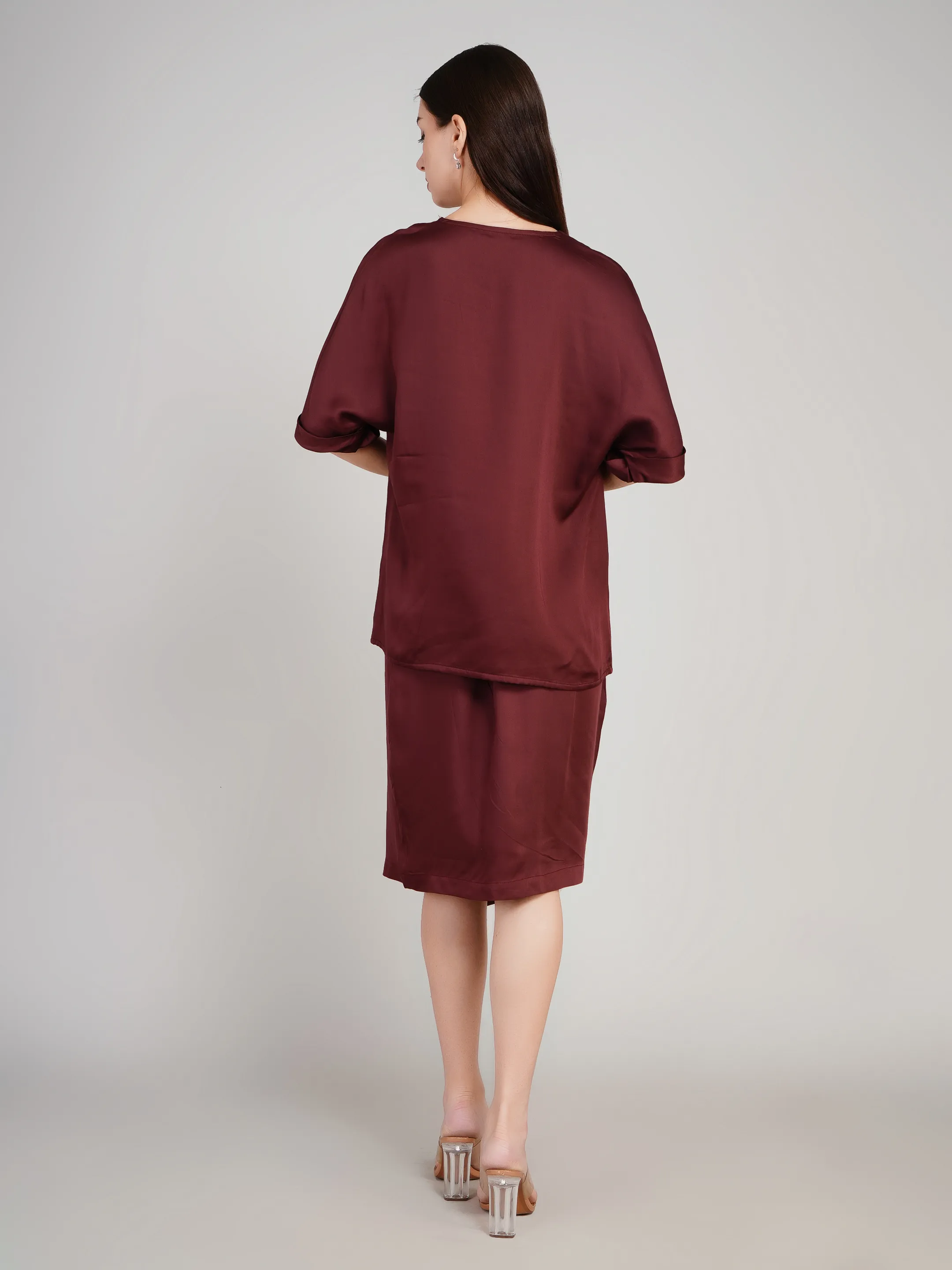 Women Burgundy Solid Satin-Finish Co-Ord Set with Wrap Skirt