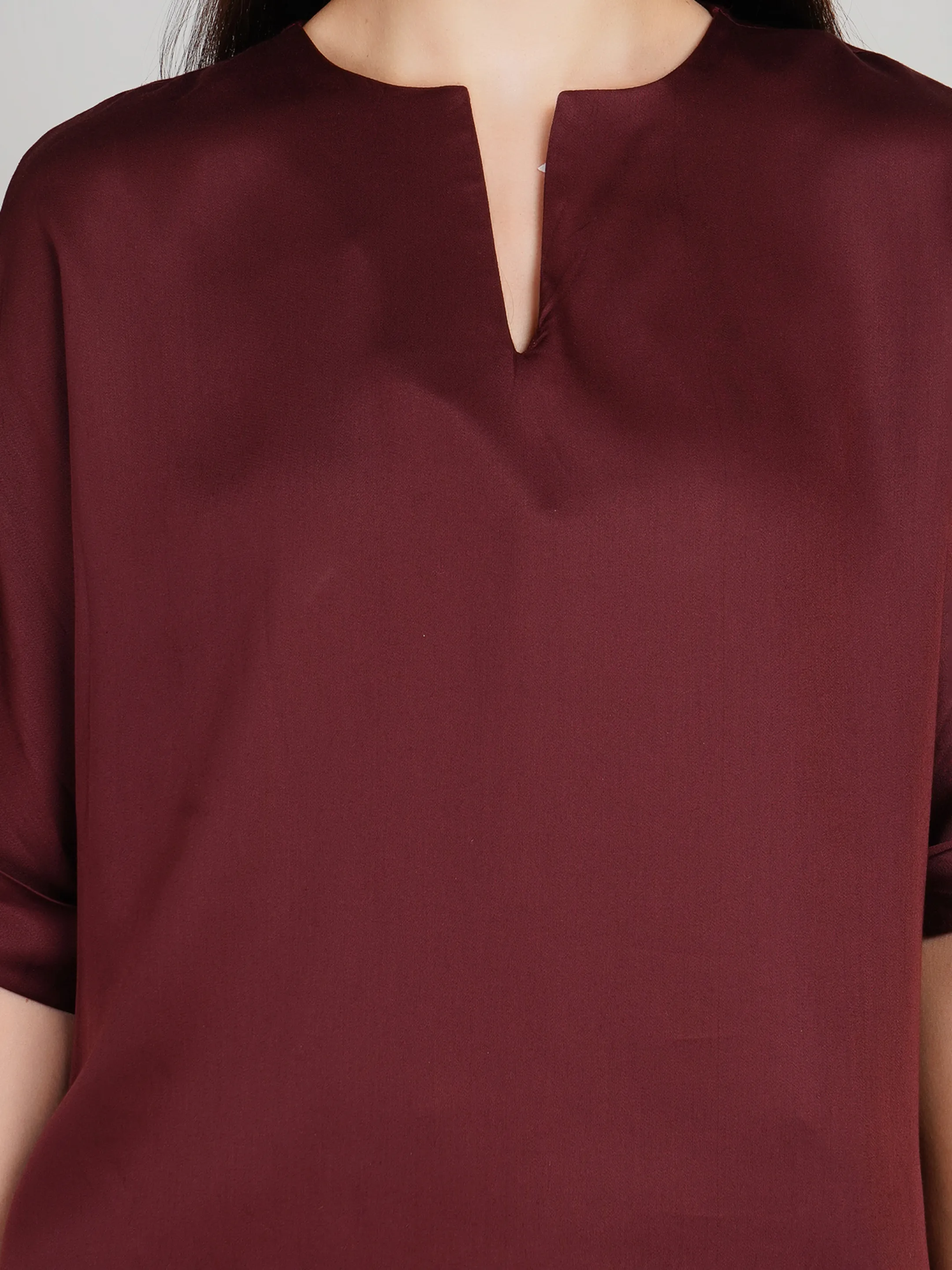 Women Burgundy Solid Satin-Finish Co-Ord Set with Wrap Skirt