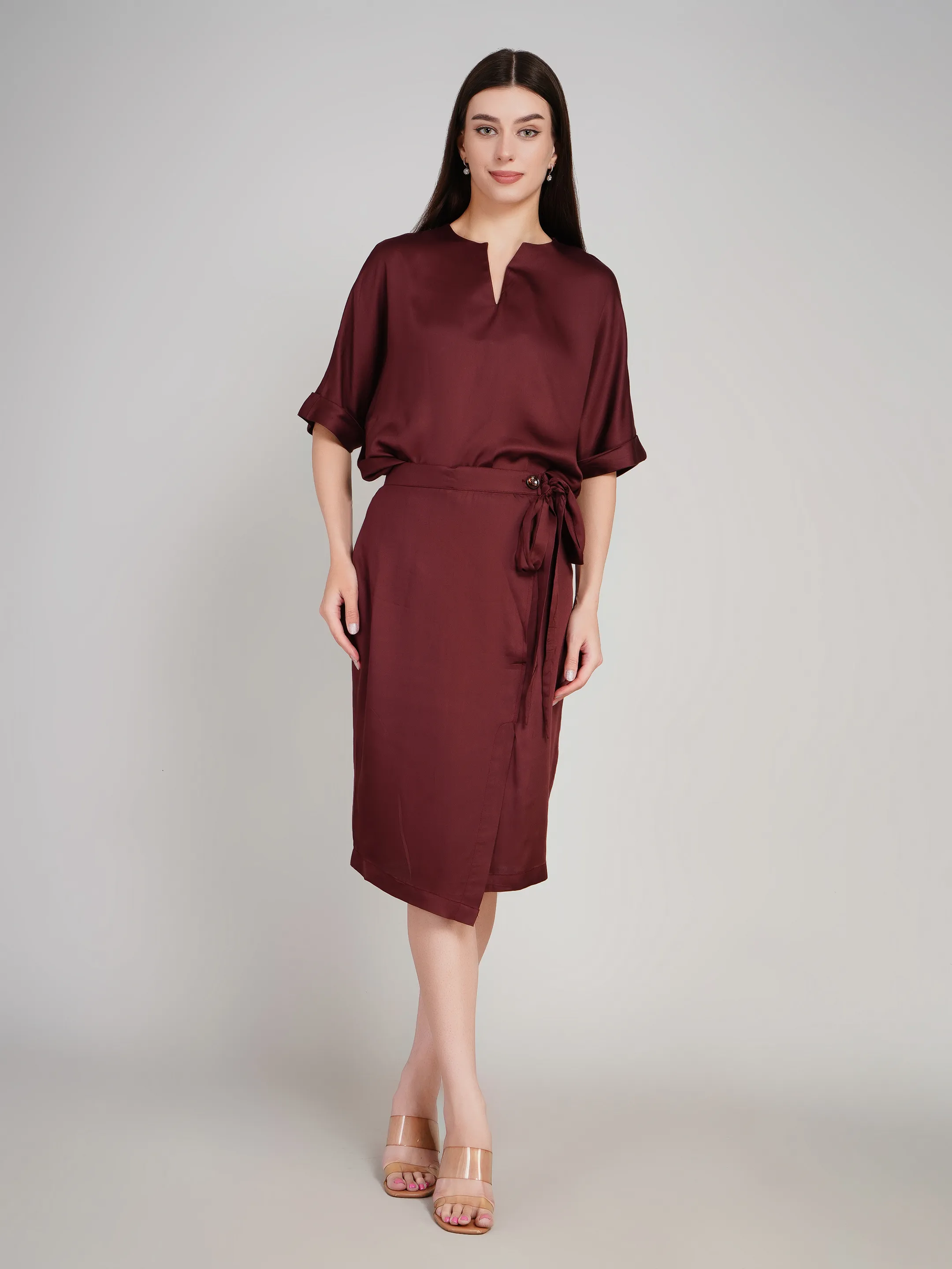 Women Burgundy Solid Satin-Finish Co-Ord Set with Wrap Skirt