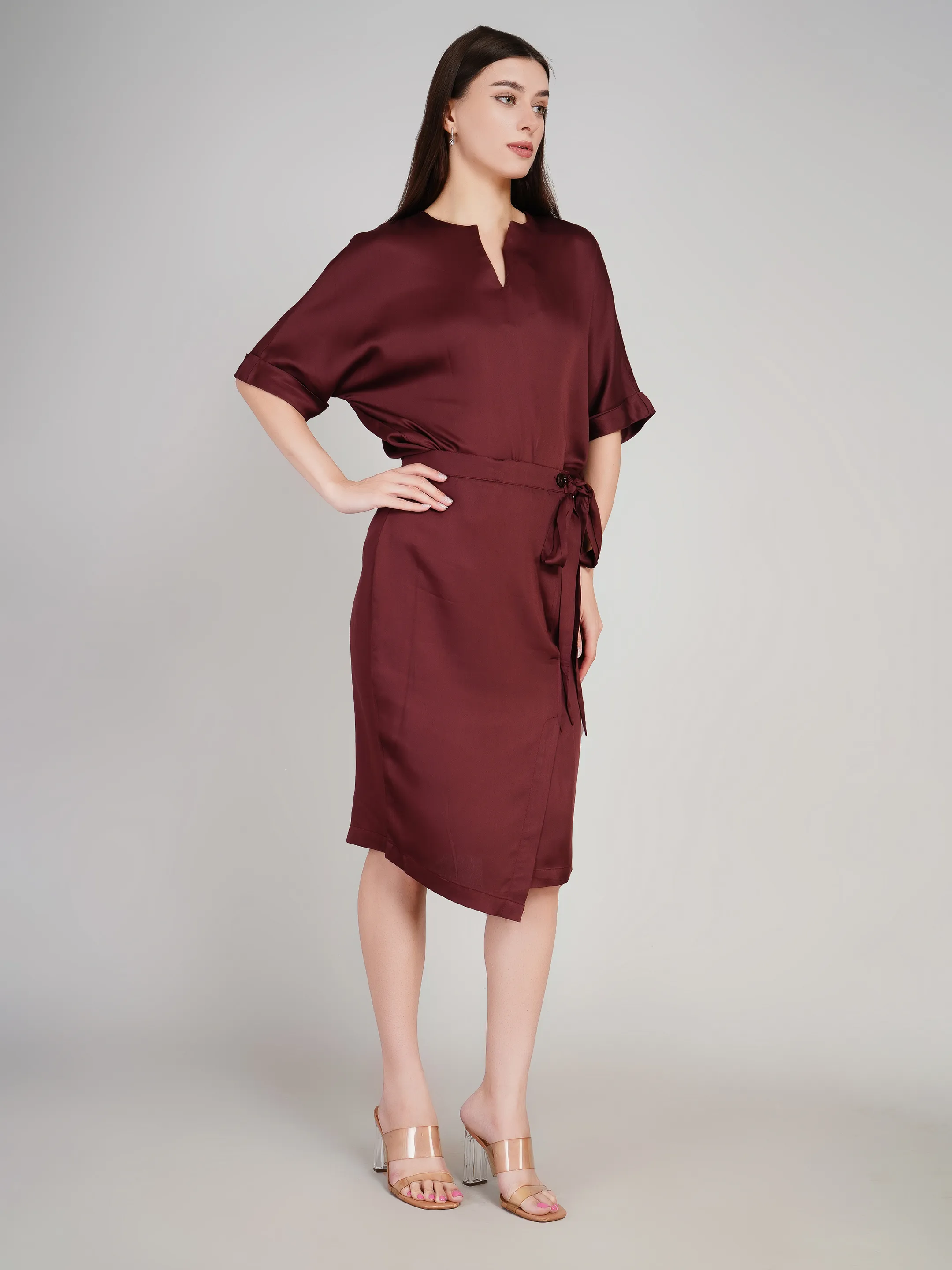 Women Burgundy Solid Satin-Finish Co-Ord Set with Wrap Skirt
