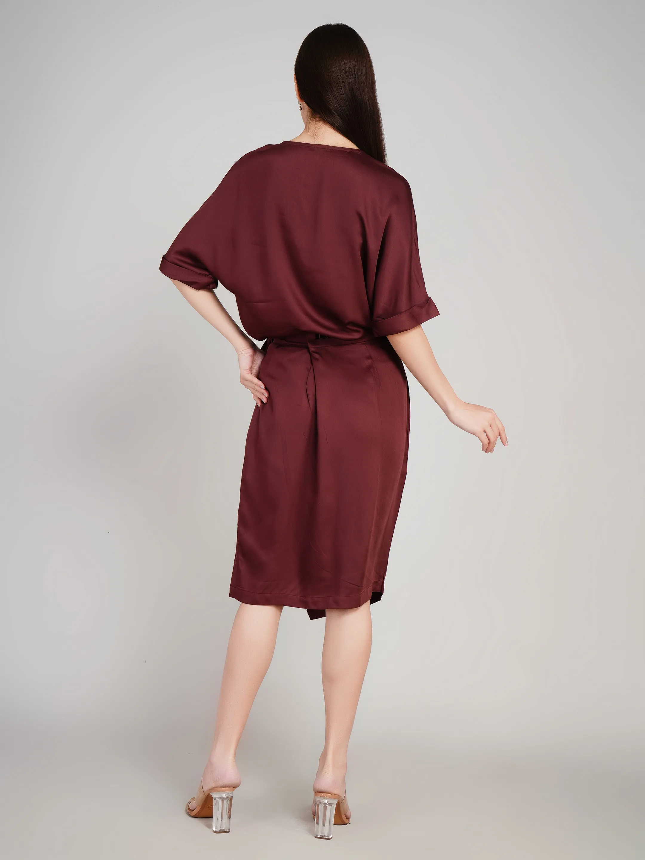 Women Burgundy Solid Satin-Finish Co-Ord Set with Wrap Skirt