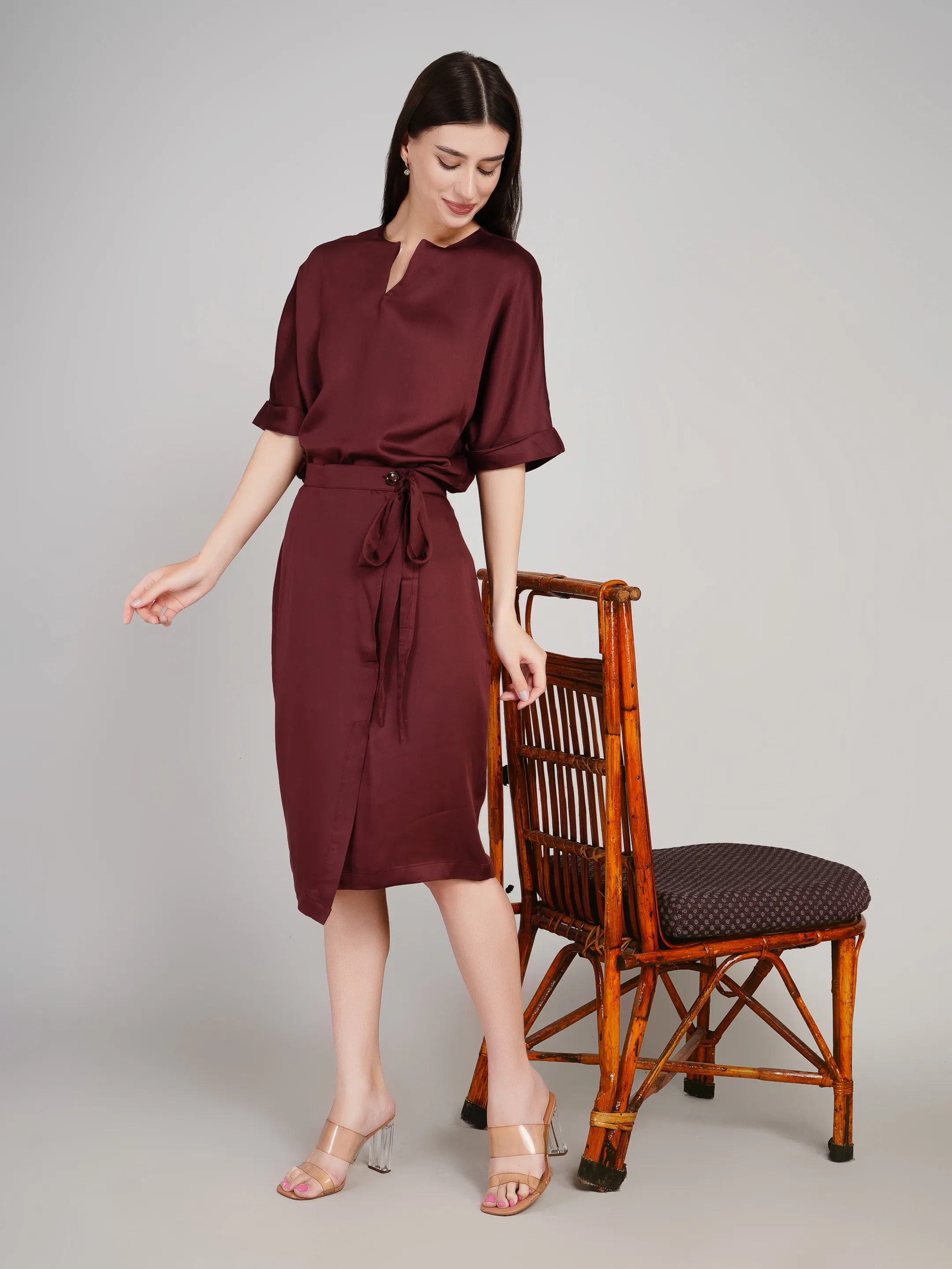 Women Burgundy Solid Satin-Finish Co-Ord Set with Wrap Skirt
