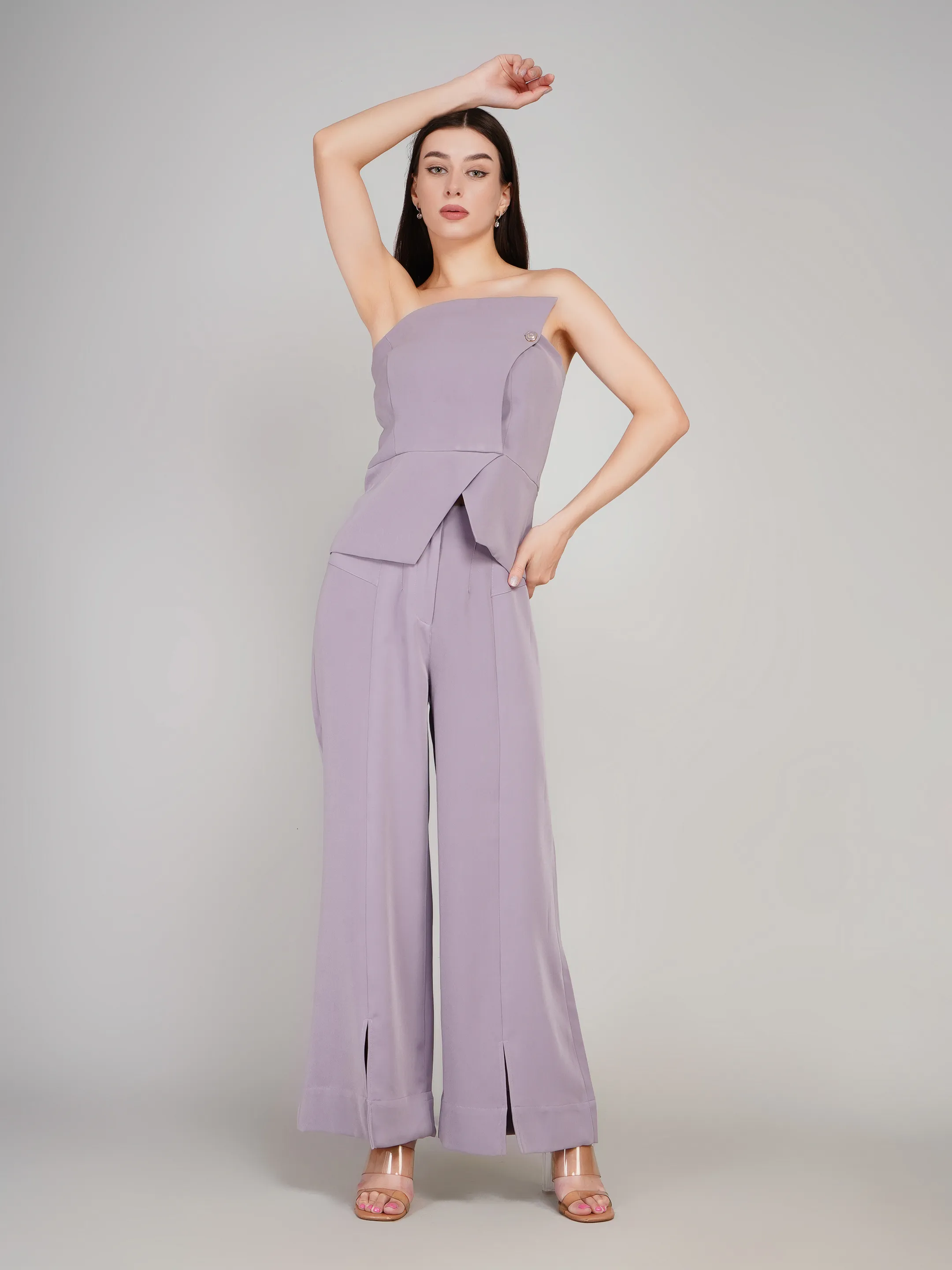 Women Mauve Solid 2-Piece Co-Ord Set with Asymmetric Peplum Top