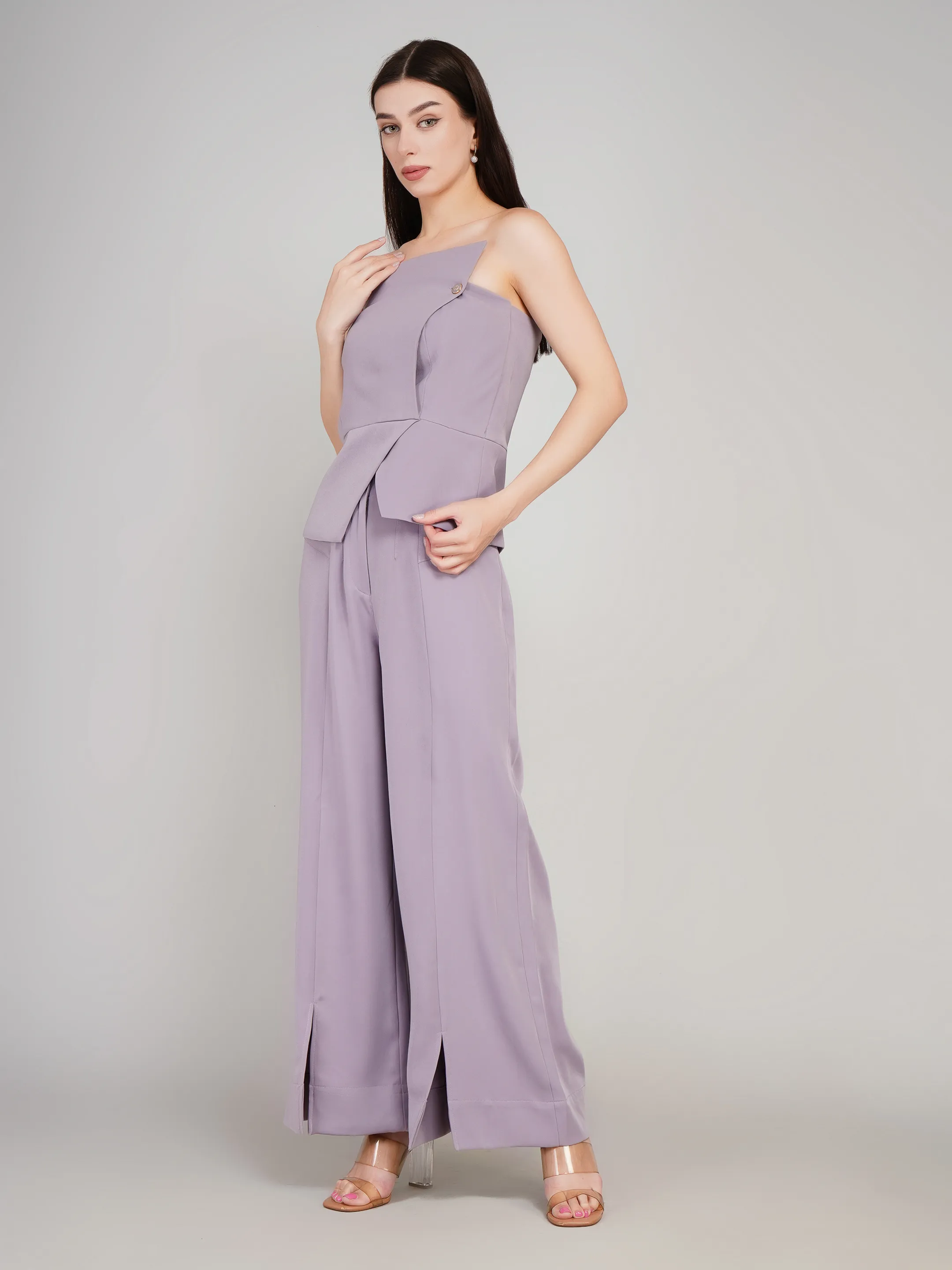 Women Mauve Solid 2-Piece Co-Ord Set with Asymmetric Peplum Top