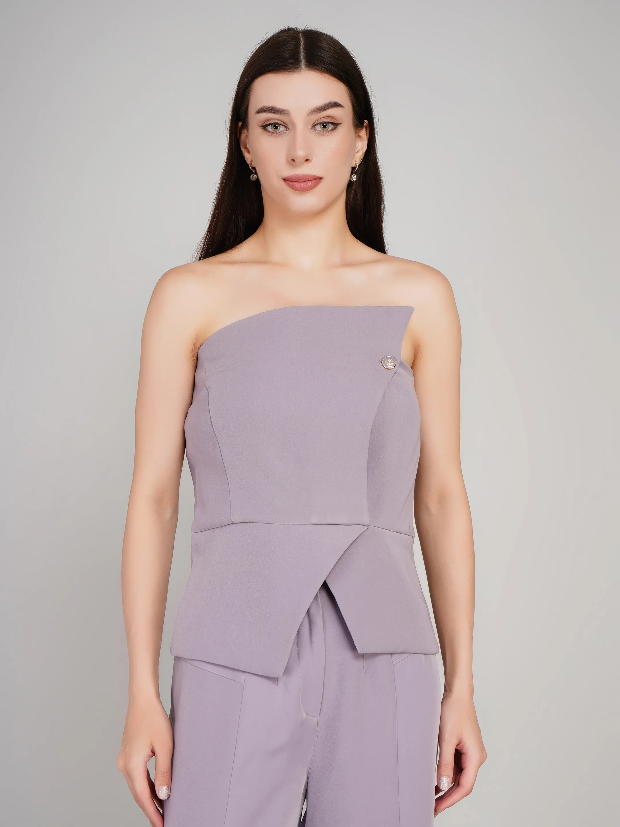 Women Mauve Solid 2-Piece Co-Ord Set with Asymmetric Peplum Top