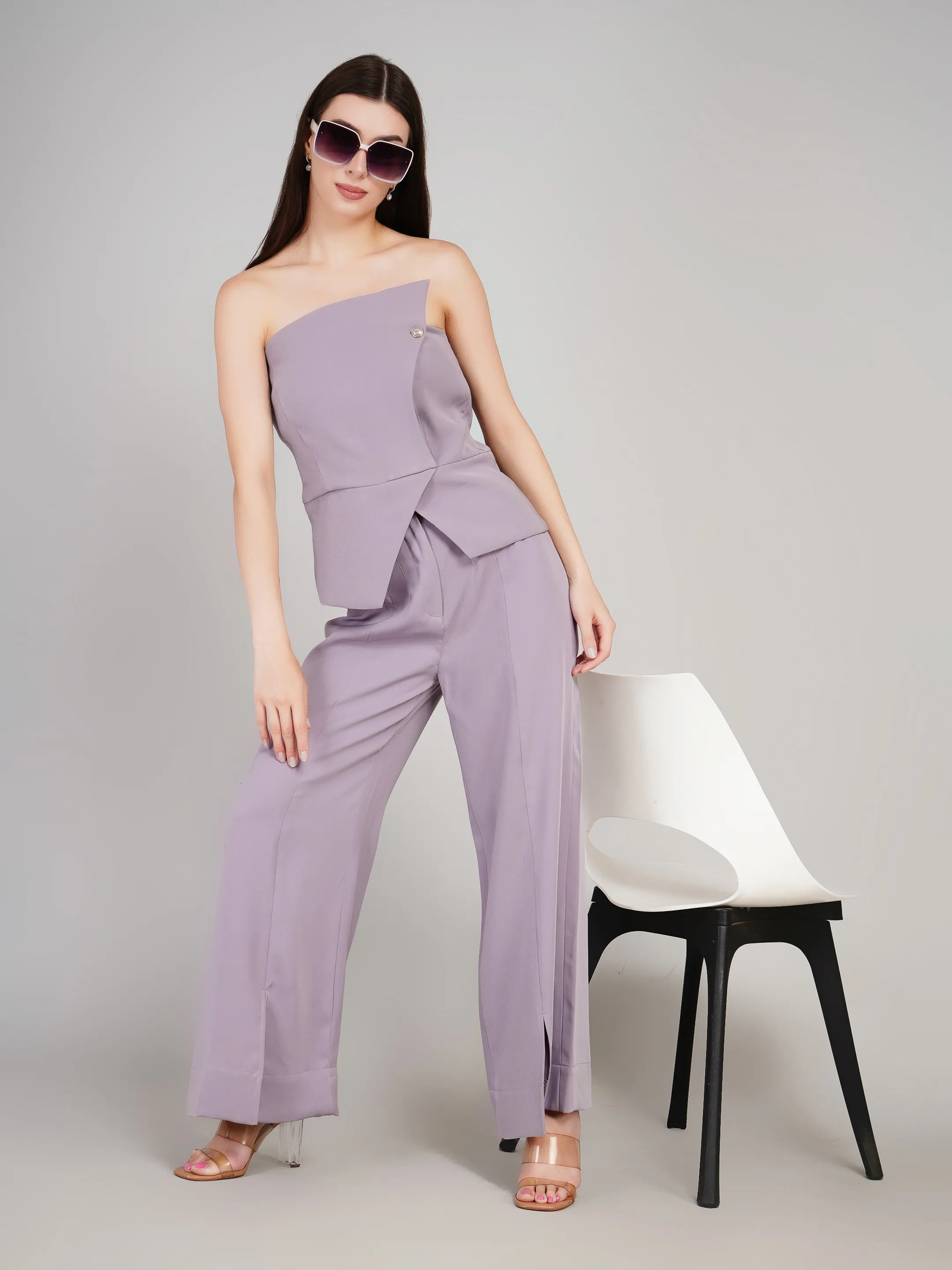 Women Mauve Solid 2-Piece Co-Ord Set with Asymmetric Peplum Top