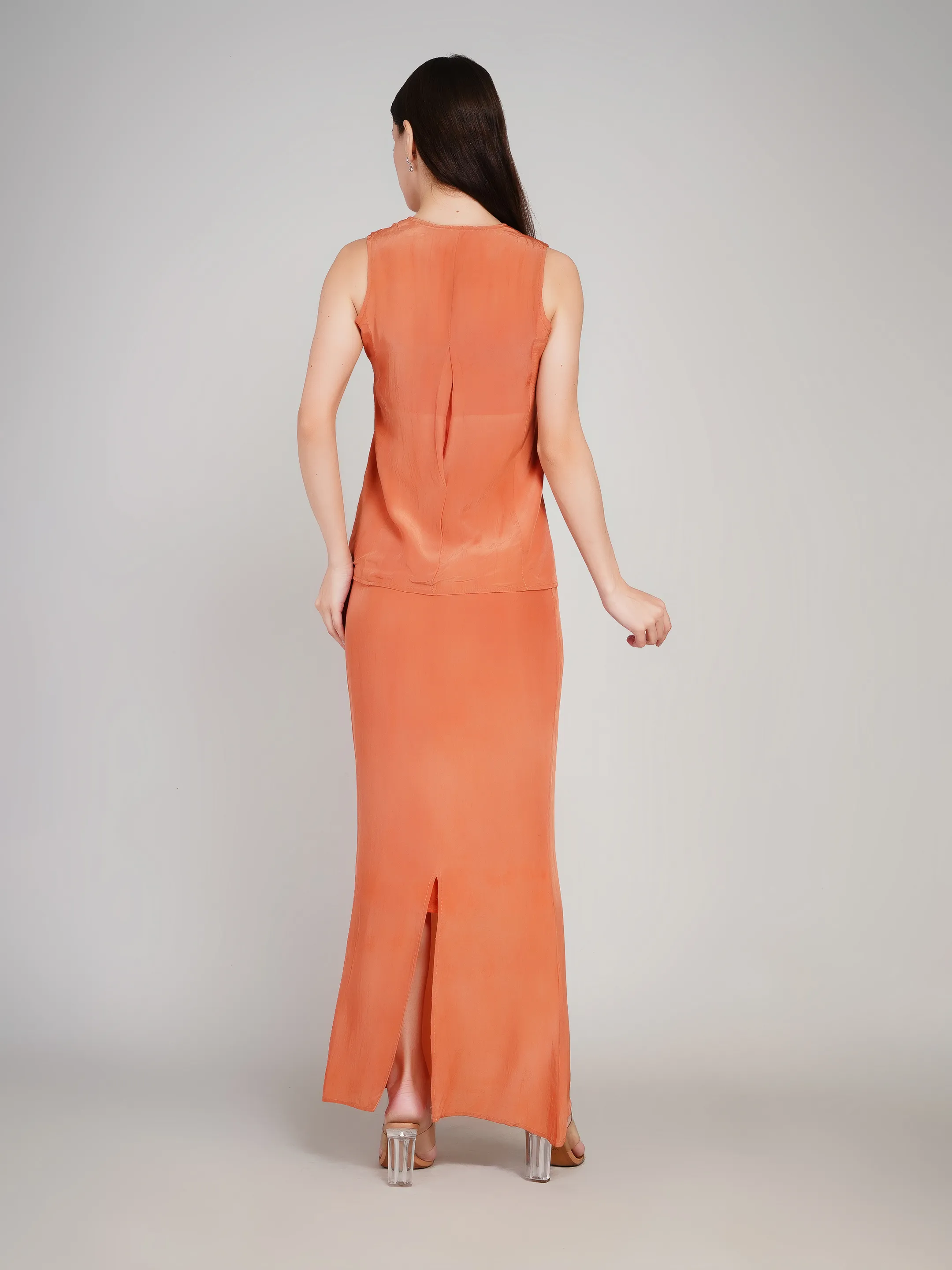 Women Rust Orange Solid Co-Ord Set with Waistcoat & Maxi Skirt