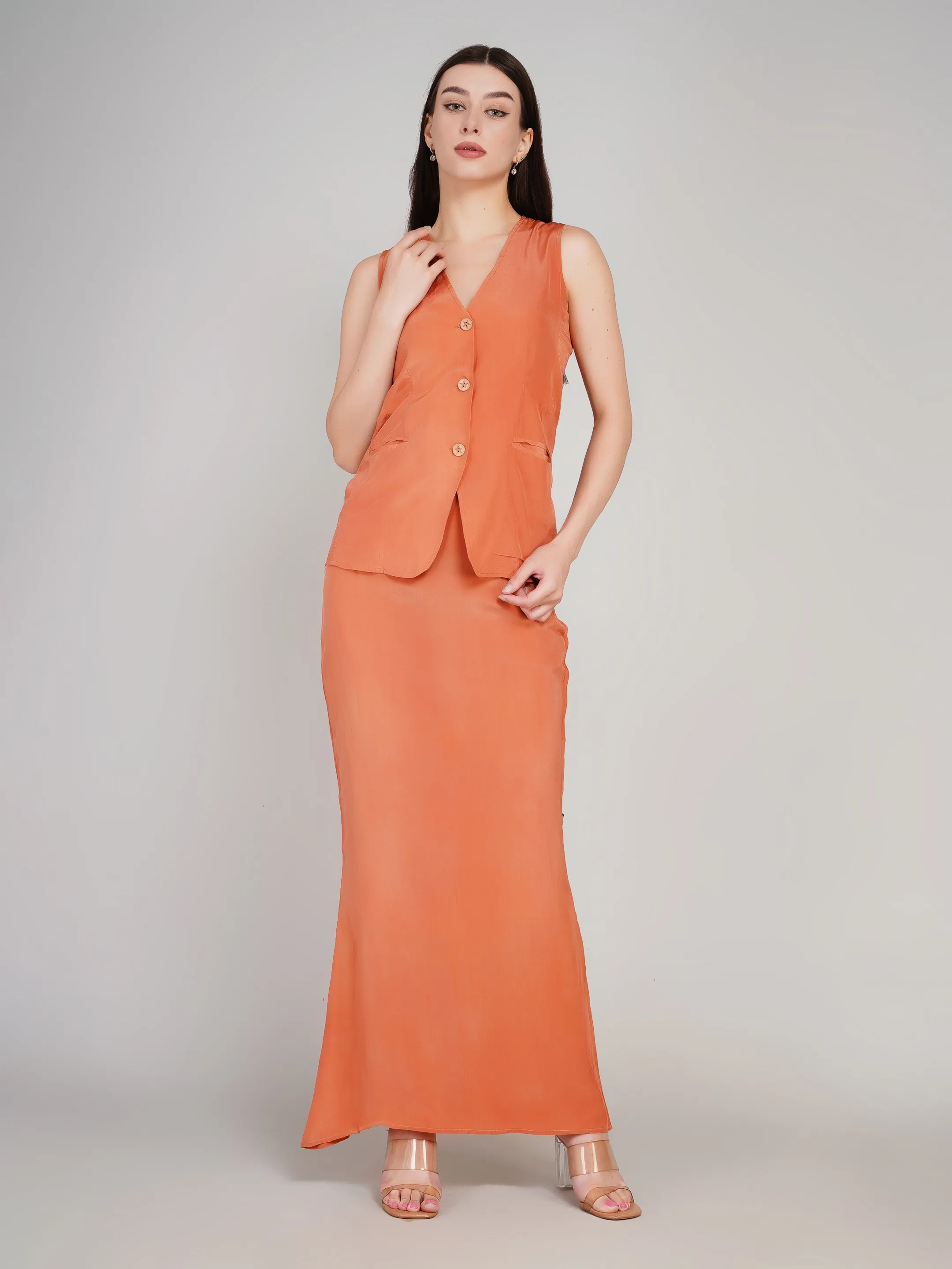 Women Rust Orange Solid Co-Ord Set with Waistcoat & Maxi Skirt