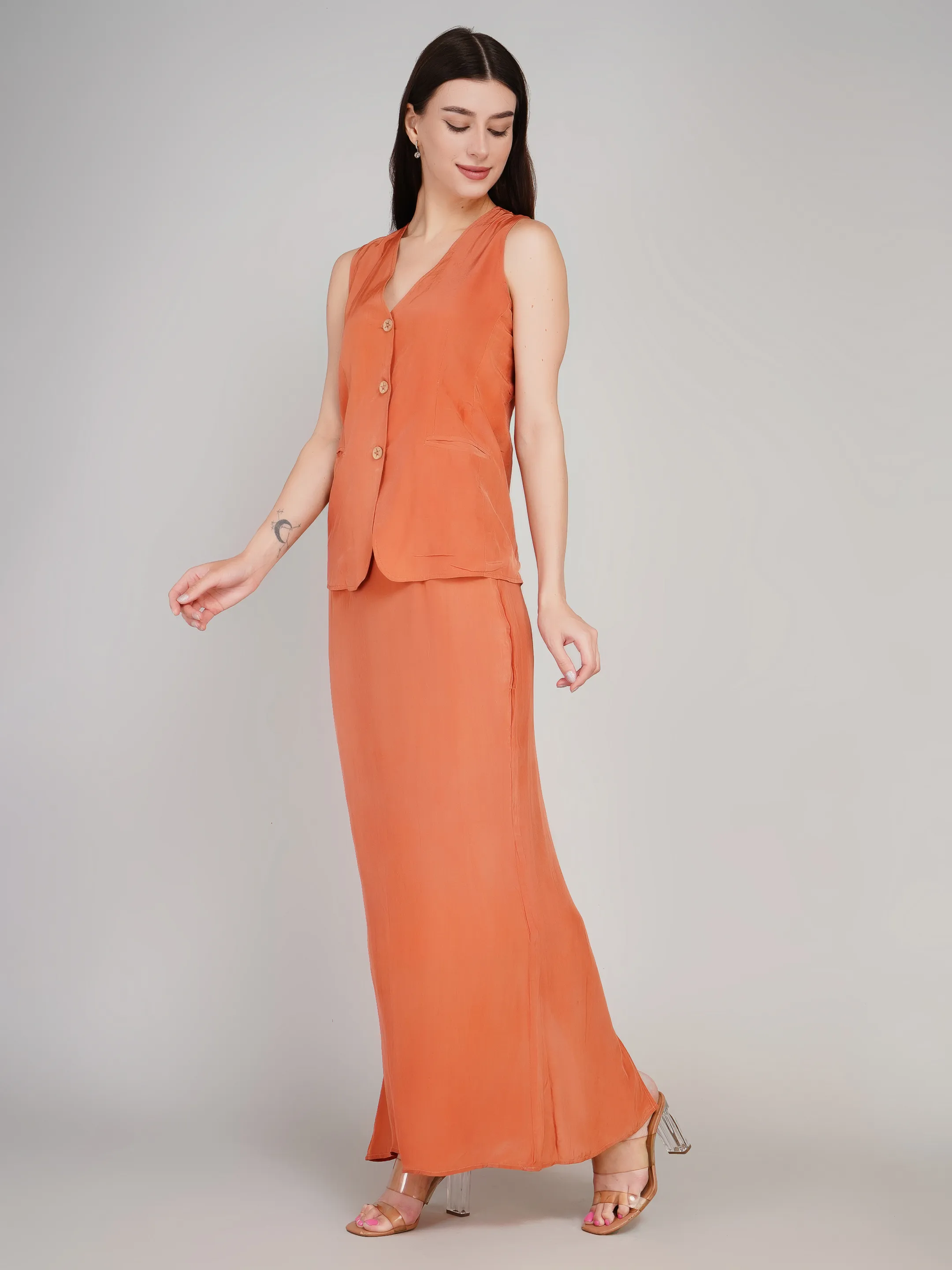 Women Rust Orange Solid Co-Ord Set with Waistcoat & Maxi Skirt