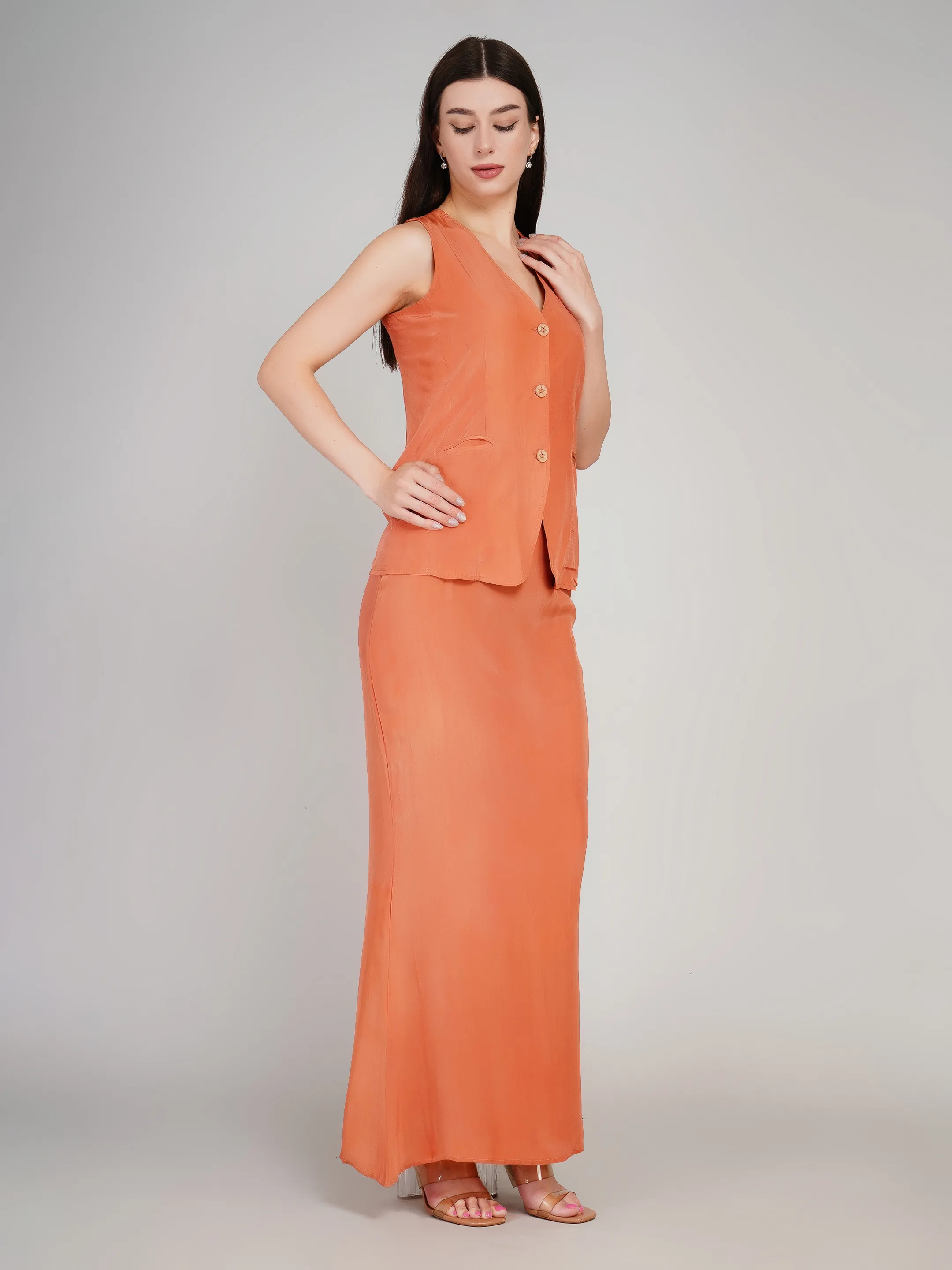 Women Rust Orange Solid Co-Ord Set with Waistcoat & Maxi Skirt