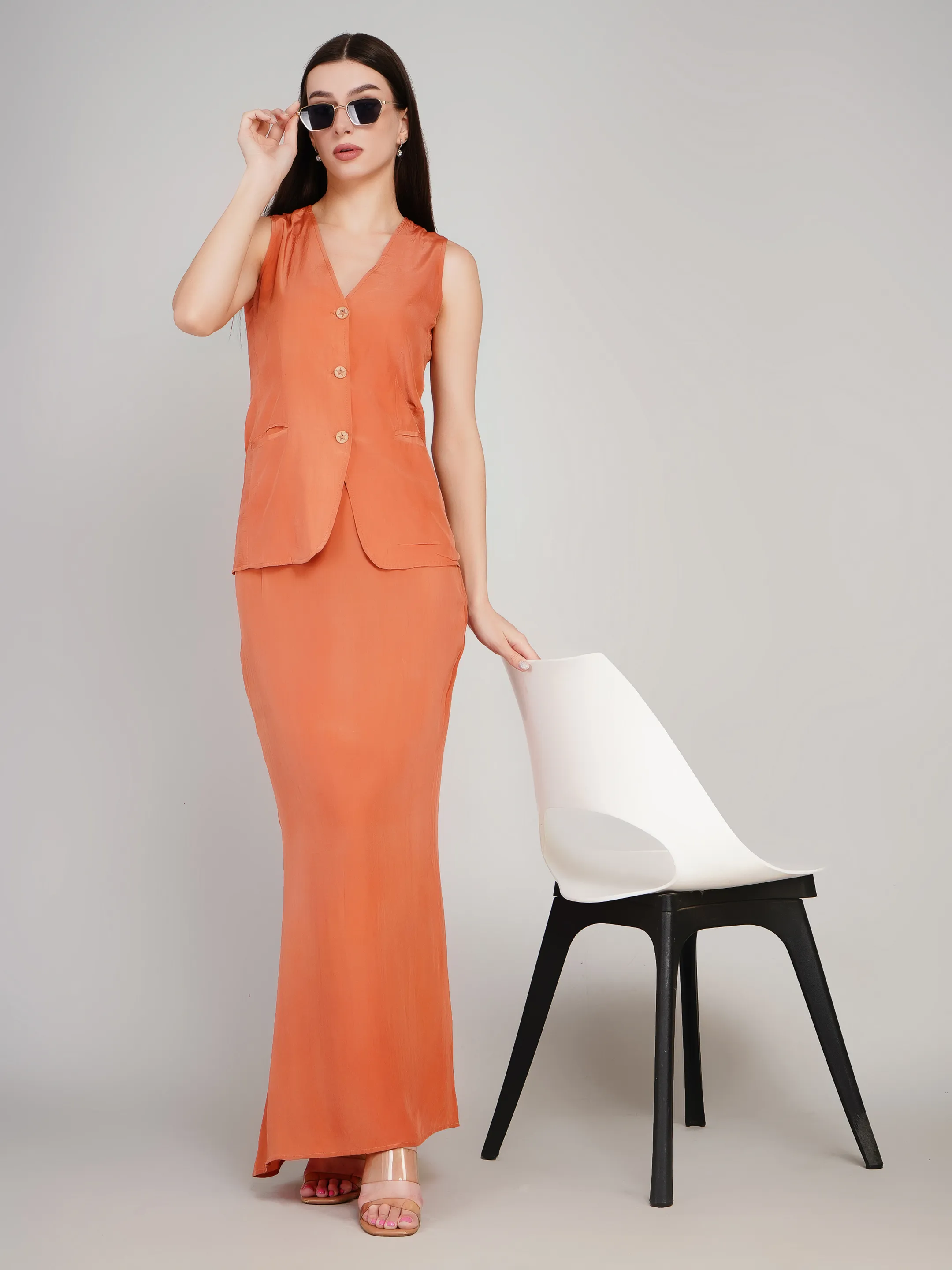 Women Rust Orange Solid Co-Ord Set with Waistcoat & Maxi Skirt