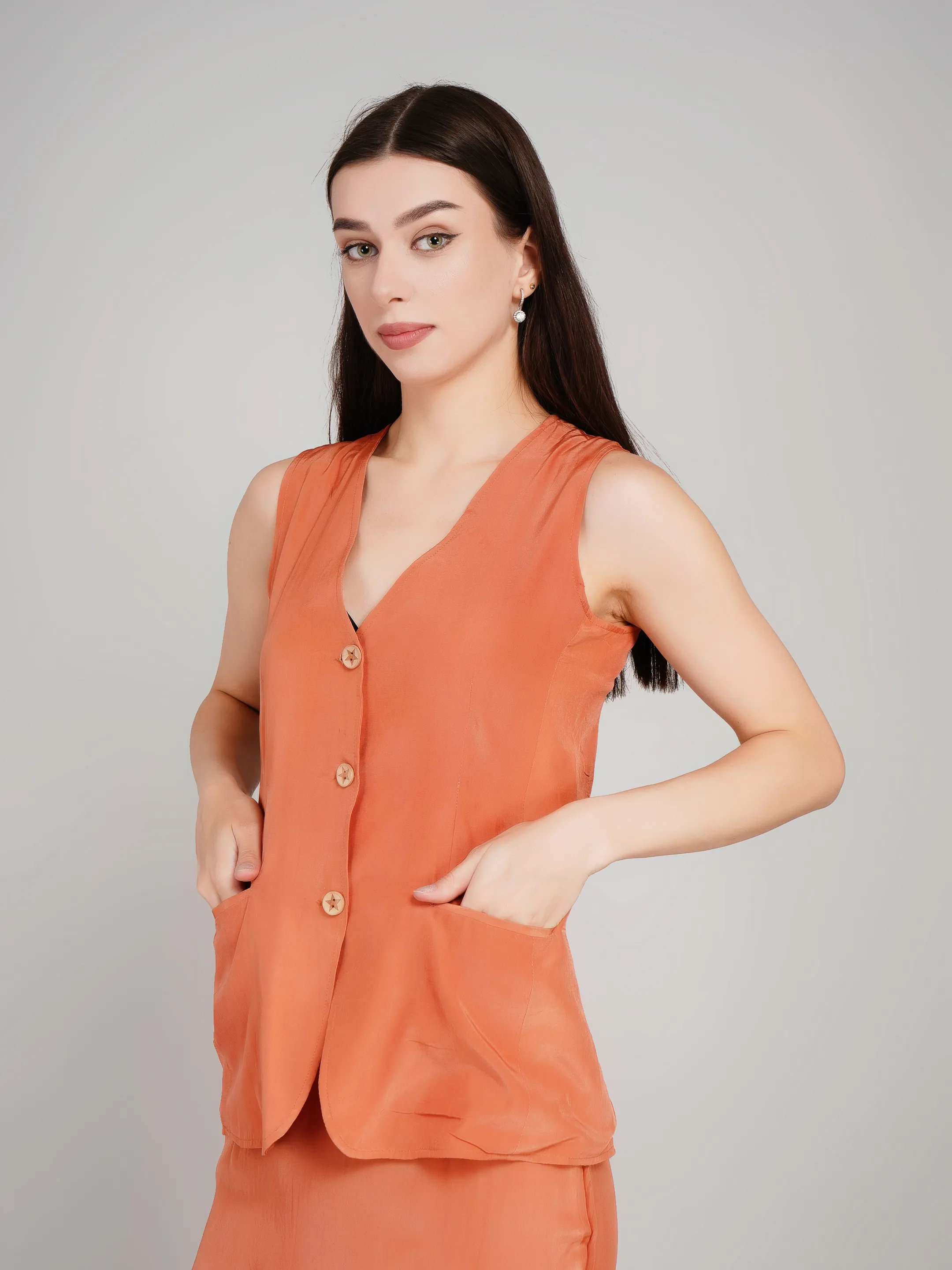 Women Rust Orange Solid Co-Ord Set with Waistcoat & Maxi Skirt