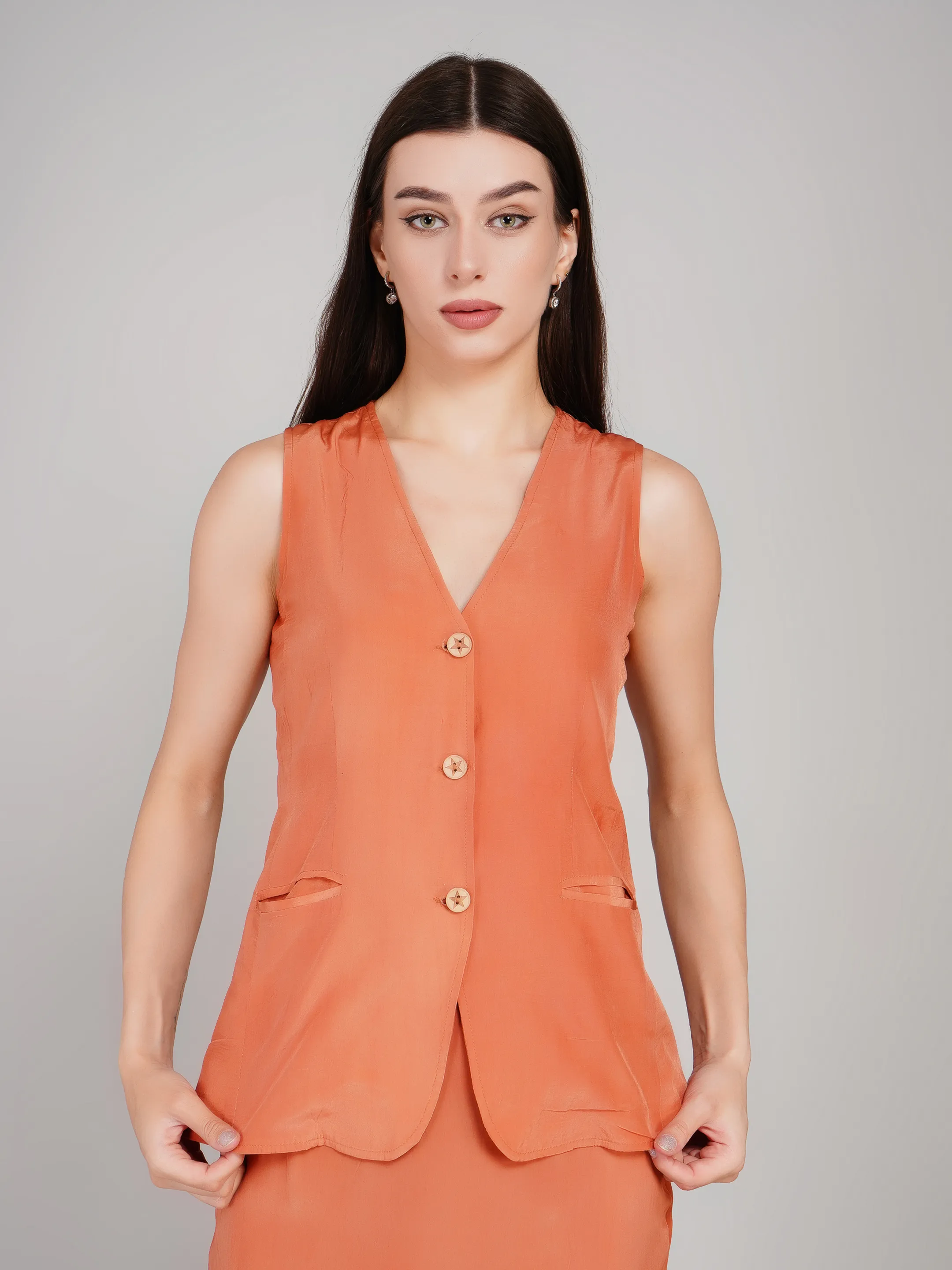 Women Rust Orange Solid Co-Ord Set with Waistcoat & Maxi Skirt