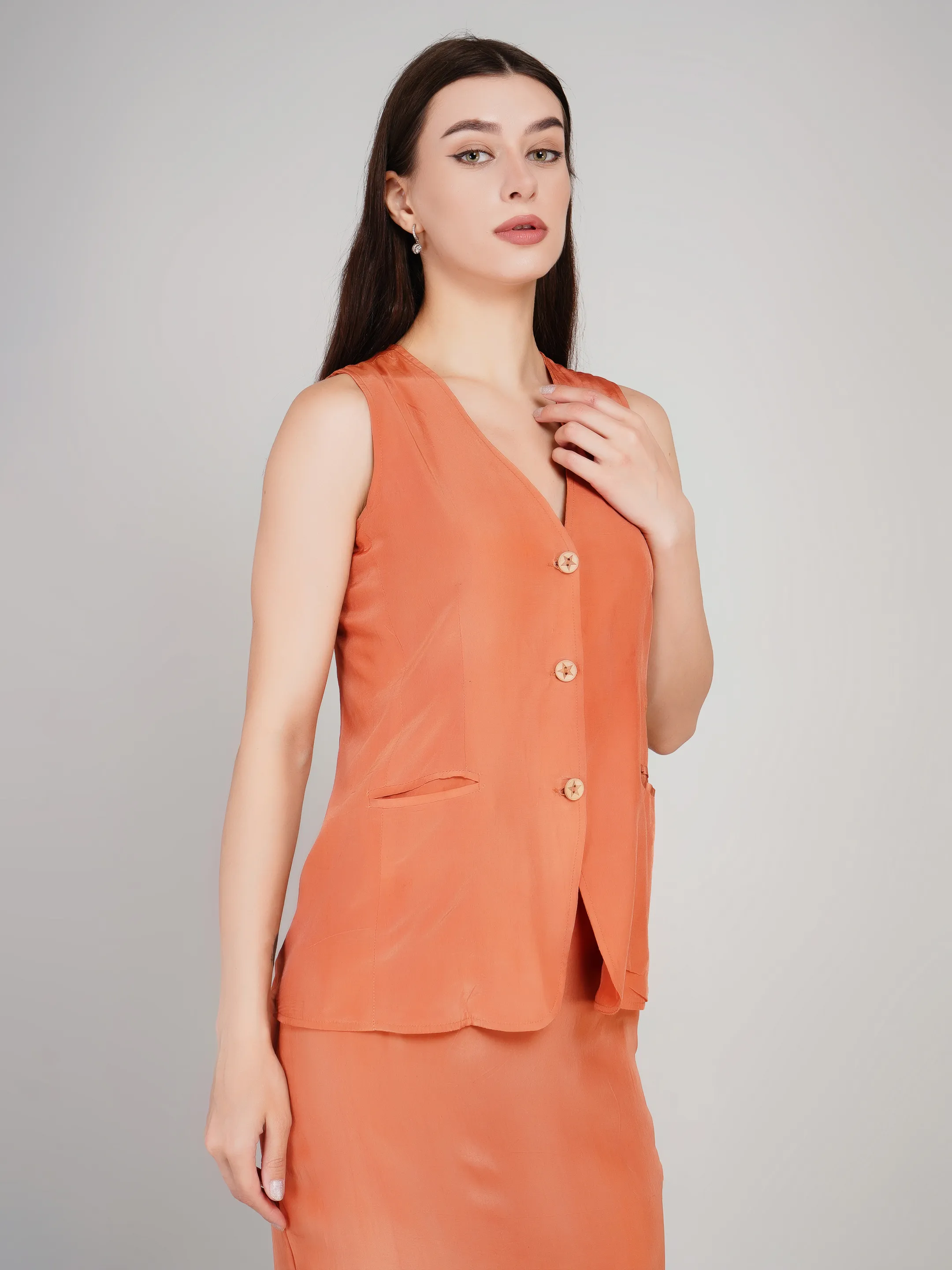 Women Rust Orange Solid Co-Ord Set with Waistcoat & Maxi Skirt