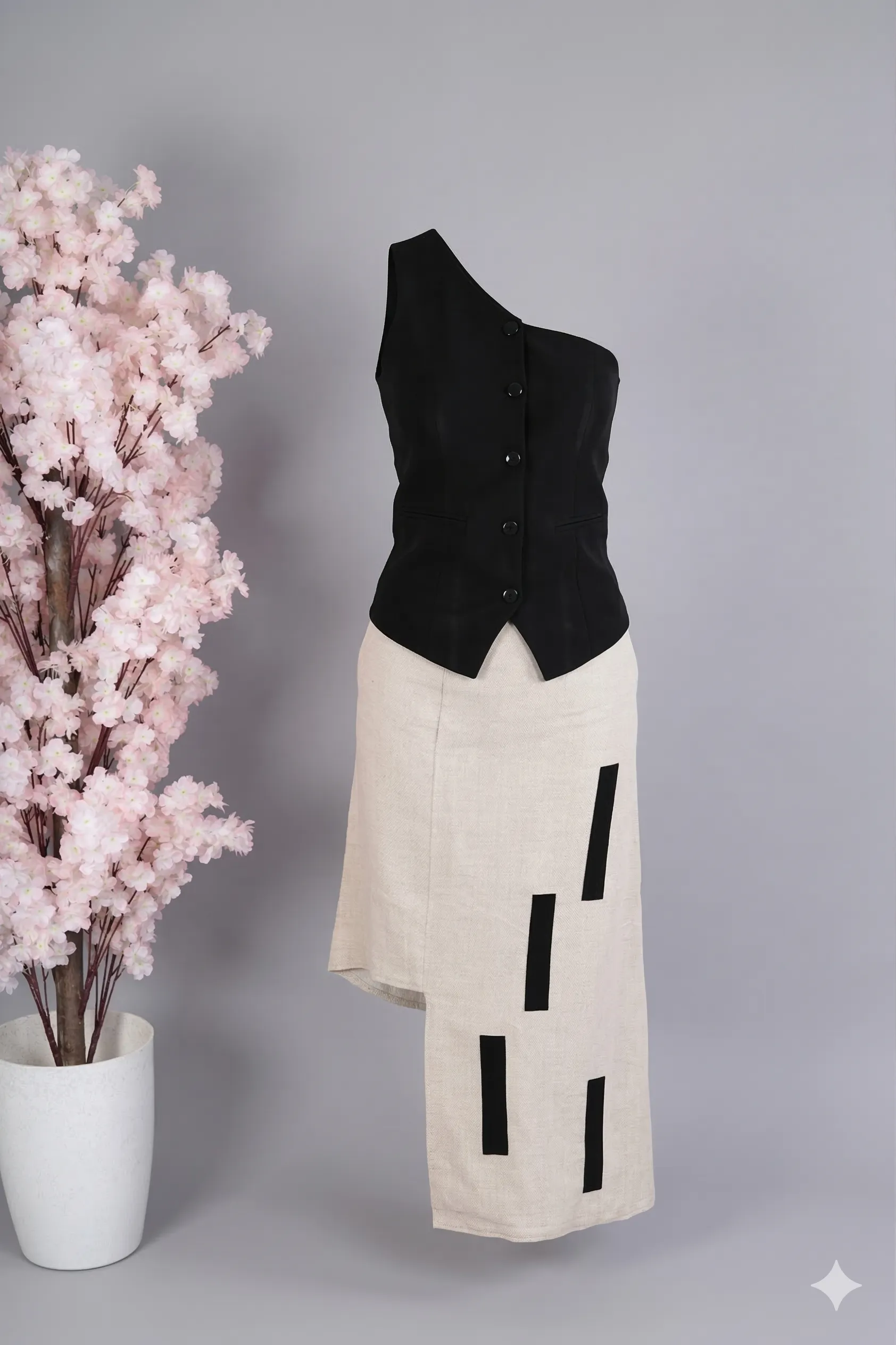 Women Black & Beige 2-Piece Co-Ord Set with One-Shoulder Waistcoat