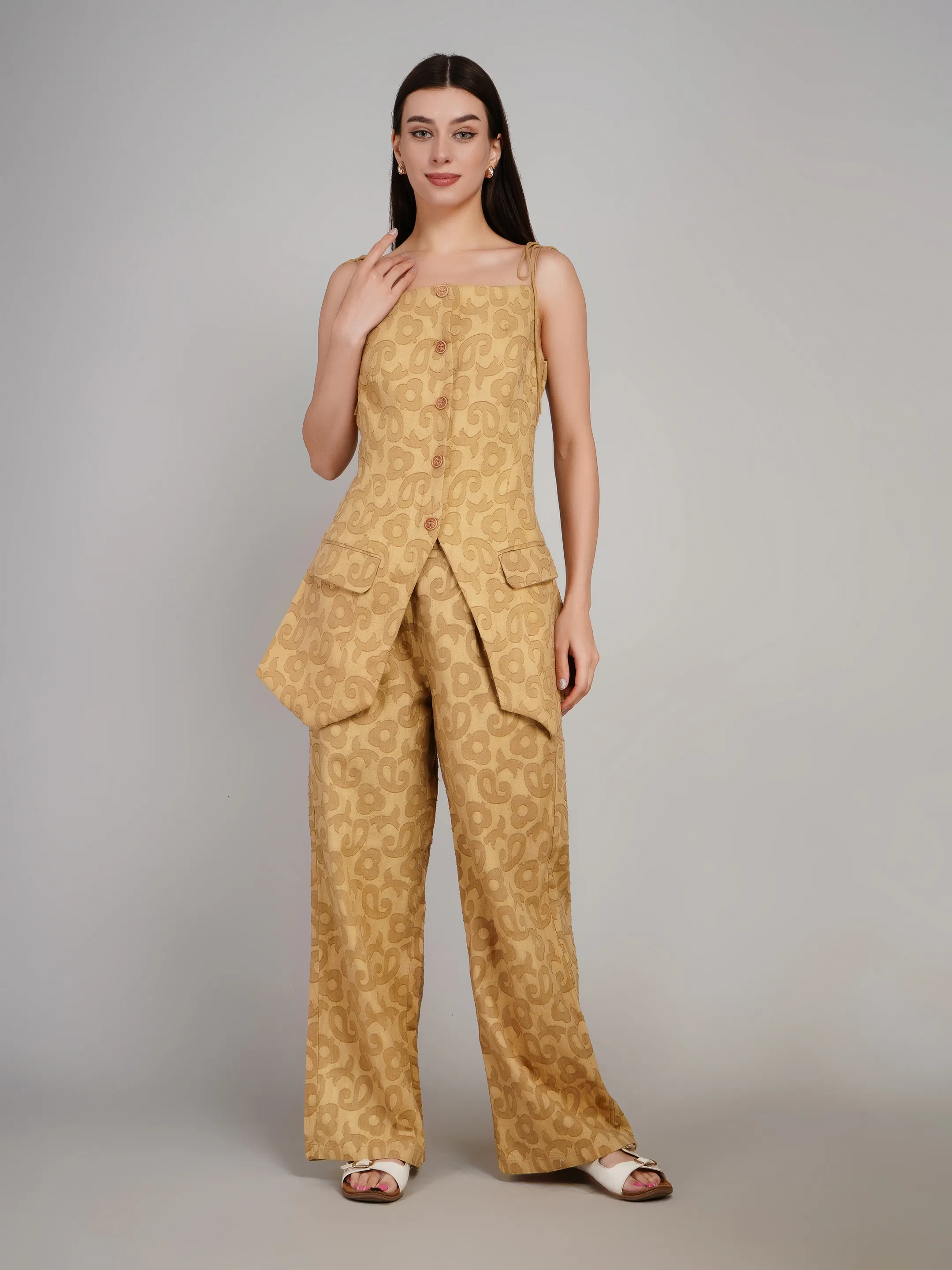 Women Mustard Floral Jacquard 2-Piece Co-Ord Set with Longline Waistcoat
