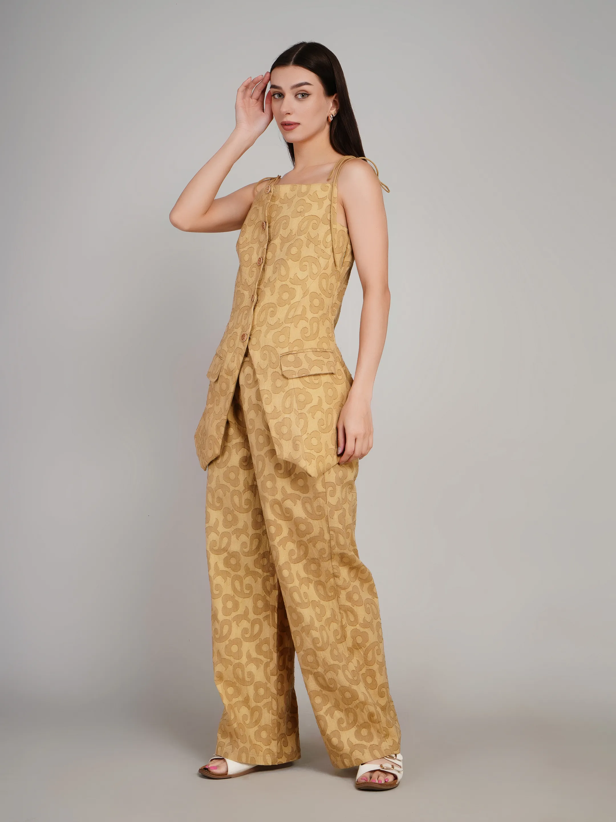 Women Mustard Floral Jacquard 2-Piece Co-Ord Set with Longline Waistcoat
