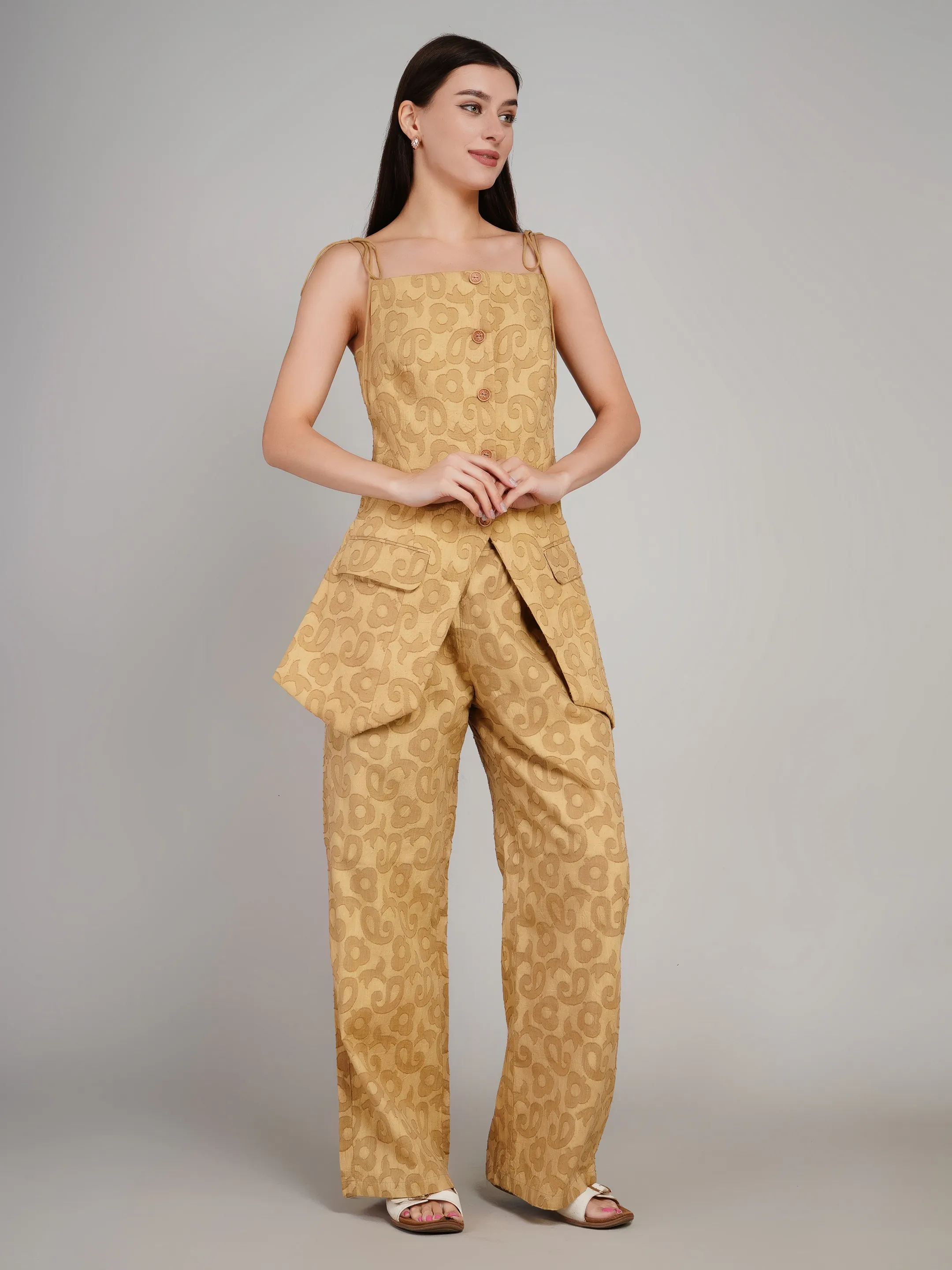 Women Mustard Floral Jacquard 2-Piece Co-Ord Set with Longline Waistcoat