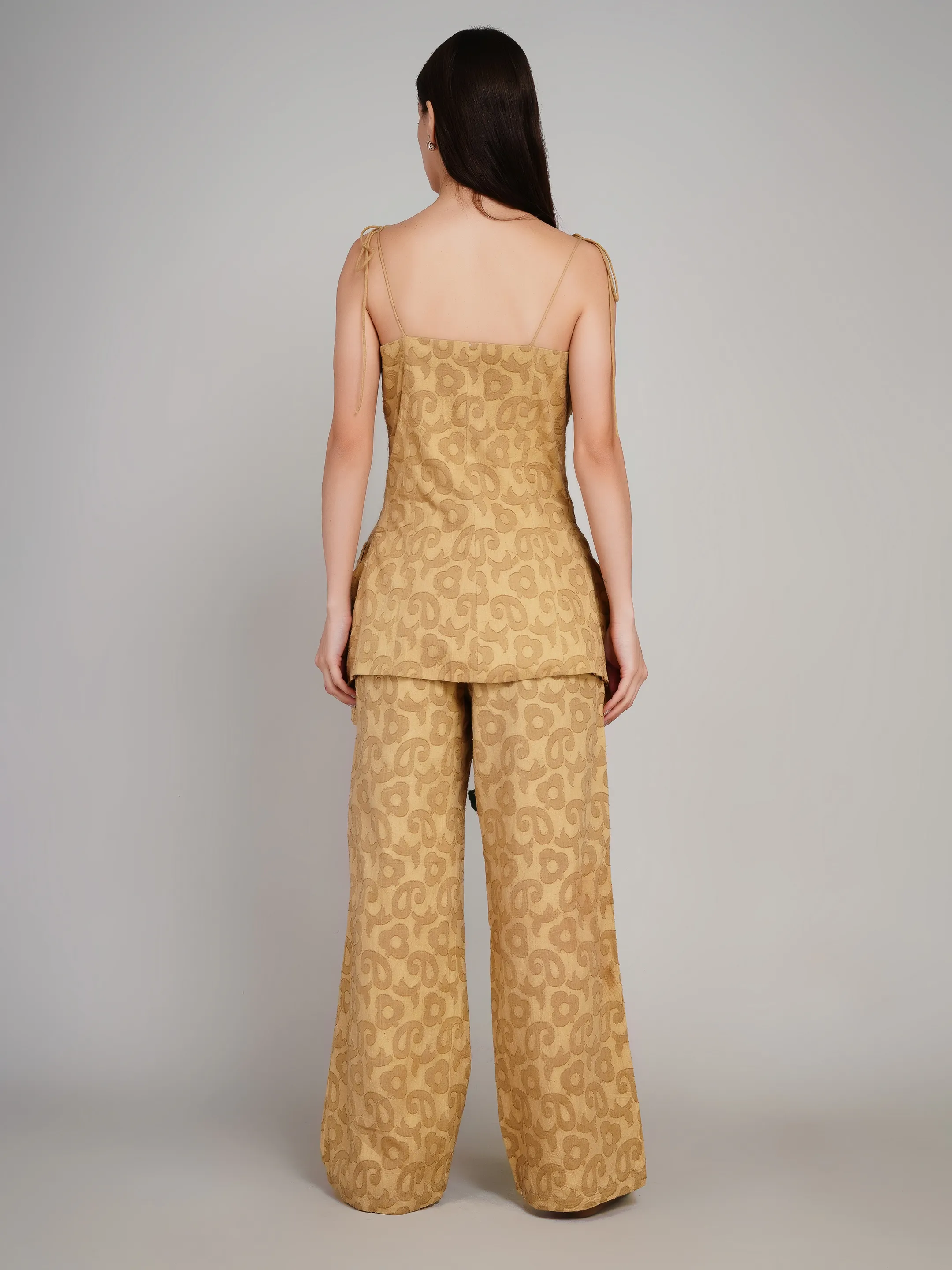 Women Mustard Floral Jacquard 2-Piece Co-Ord Set with Longline Waistcoat
