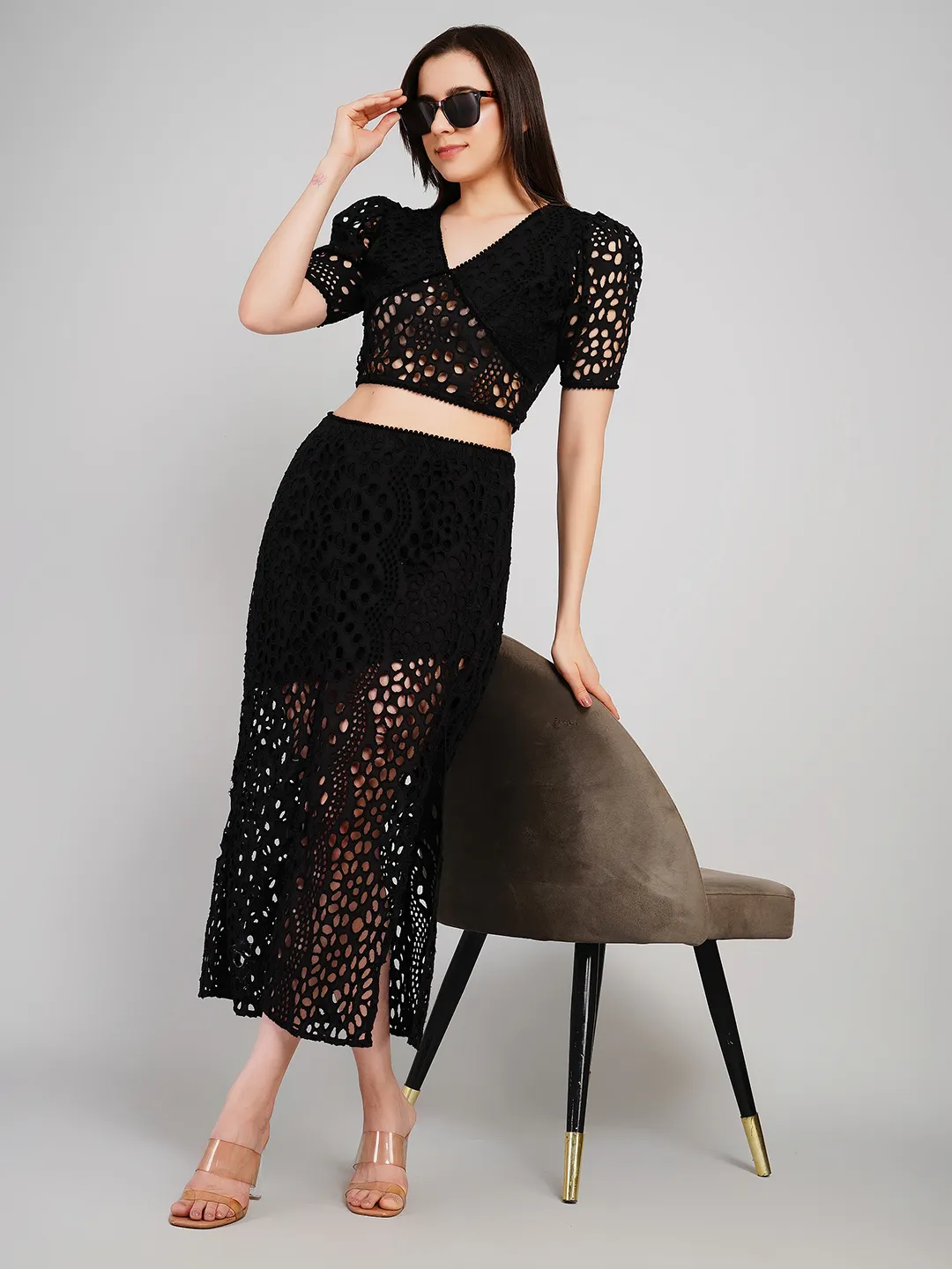 Women Black Schiffli Embroidered 2-Piece Co-Ord Set with Midi Skirt