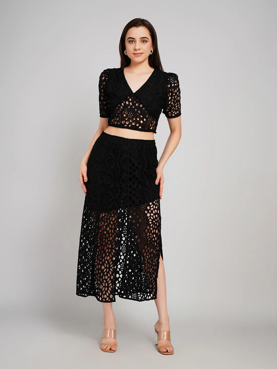 Women Black Schiffli Embroidered 2-Piece Co-Ord Set with Midi Skirt