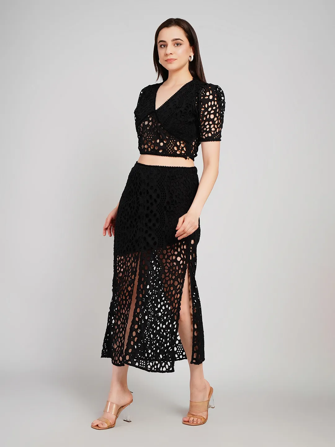 Women Black Schiffli Embroidered 2-Piece Co-Ord Set with Midi Skirt