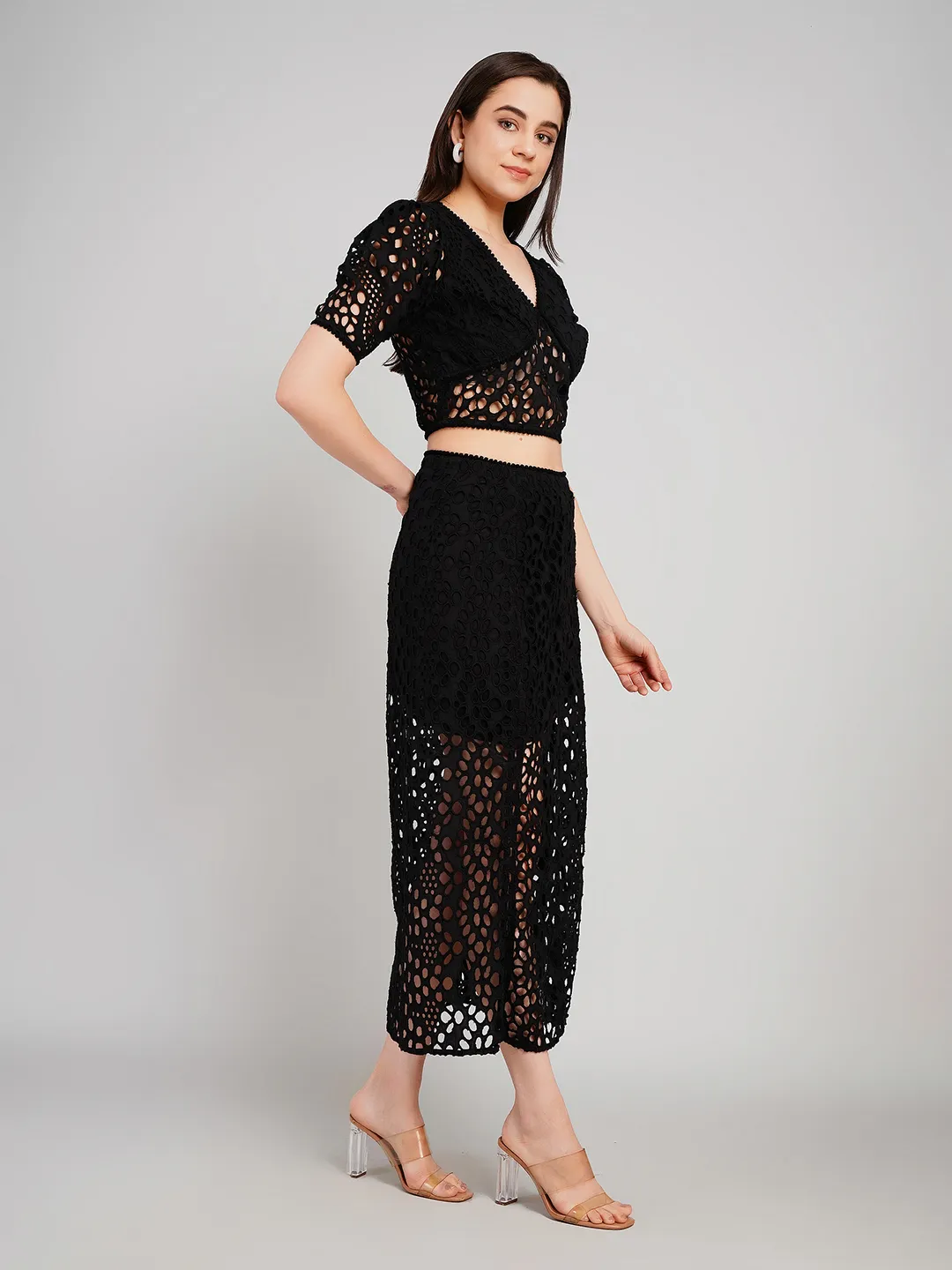 Women Black Schiffli Embroidered 2-Piece Co-Ord Set with Midi Skirt