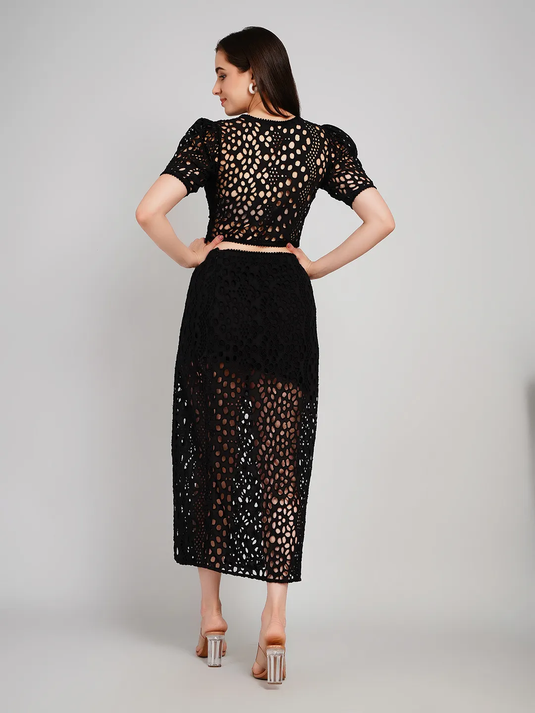 Women Black Schiffli Embroidered 2-Piece Co-Ord Set with Midi Skirt