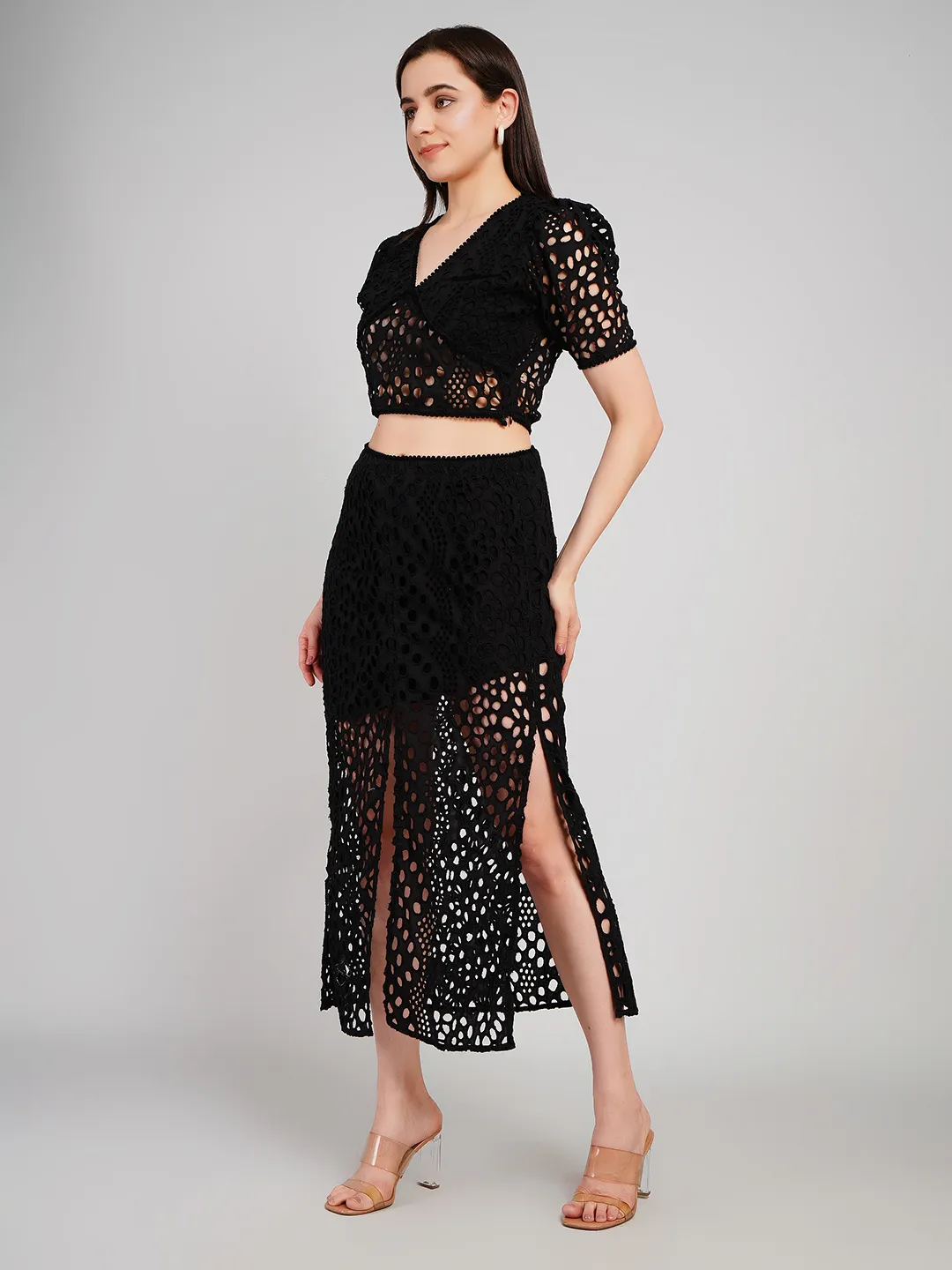Women Black Schiffli Embroidered 2-Piece Co-Ord Set with Midi Skirt