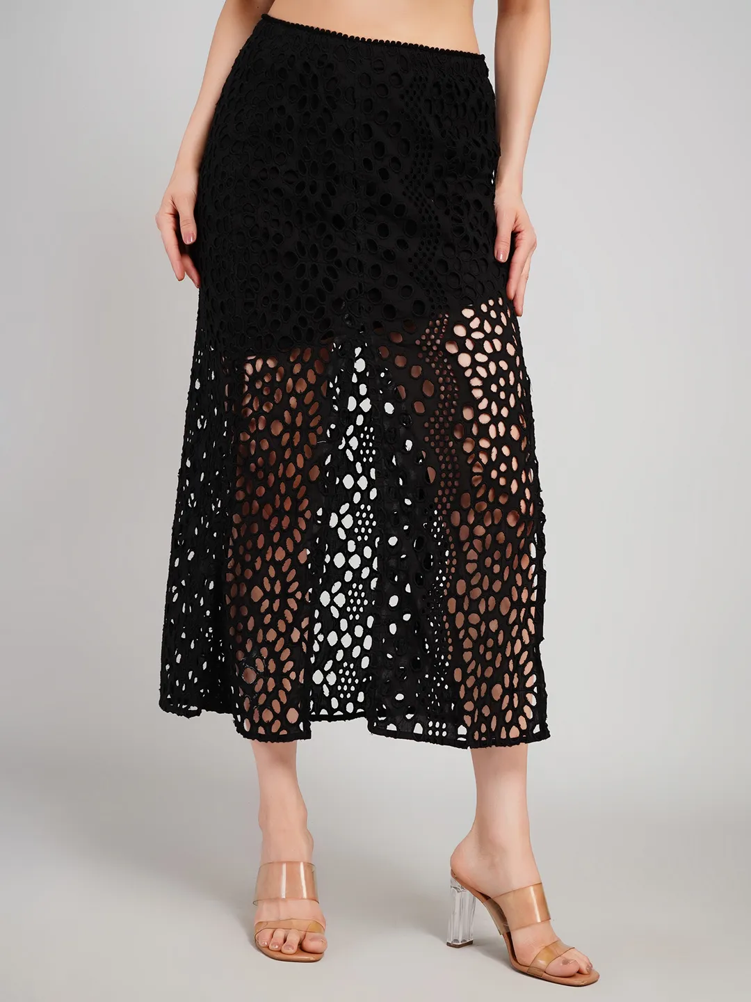 Women Black Schiffli Embroidered 2-Piece Co-Ord Set with Midi Skirt