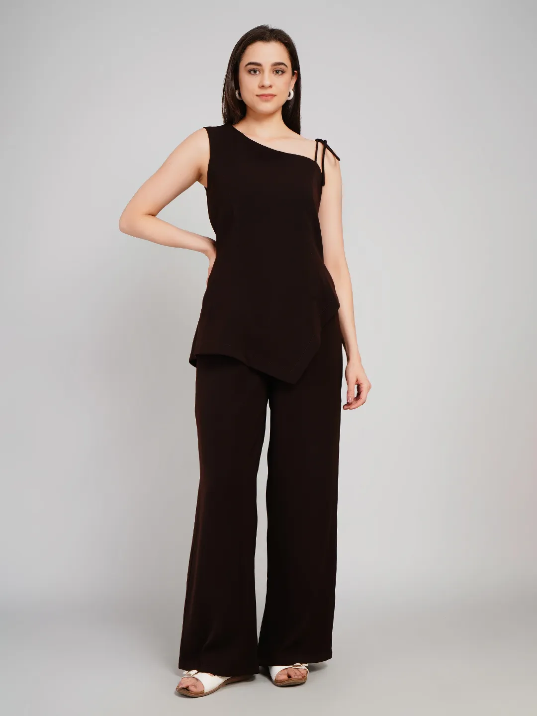 Women Coffee Brown 2-Piece Co-Ord Set with Asymmetric Hem Top