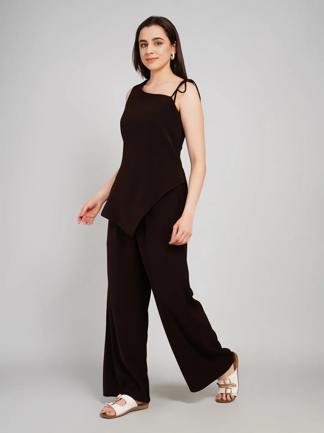 Women Coffee Brown 2-Piece Co-Ord Set with Asymmetric Hem Top