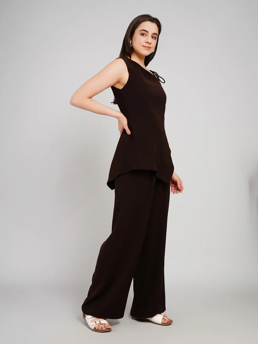 Women Coffee Brown 2-Piece Co-Ord Set with Asymmetric Hem Top