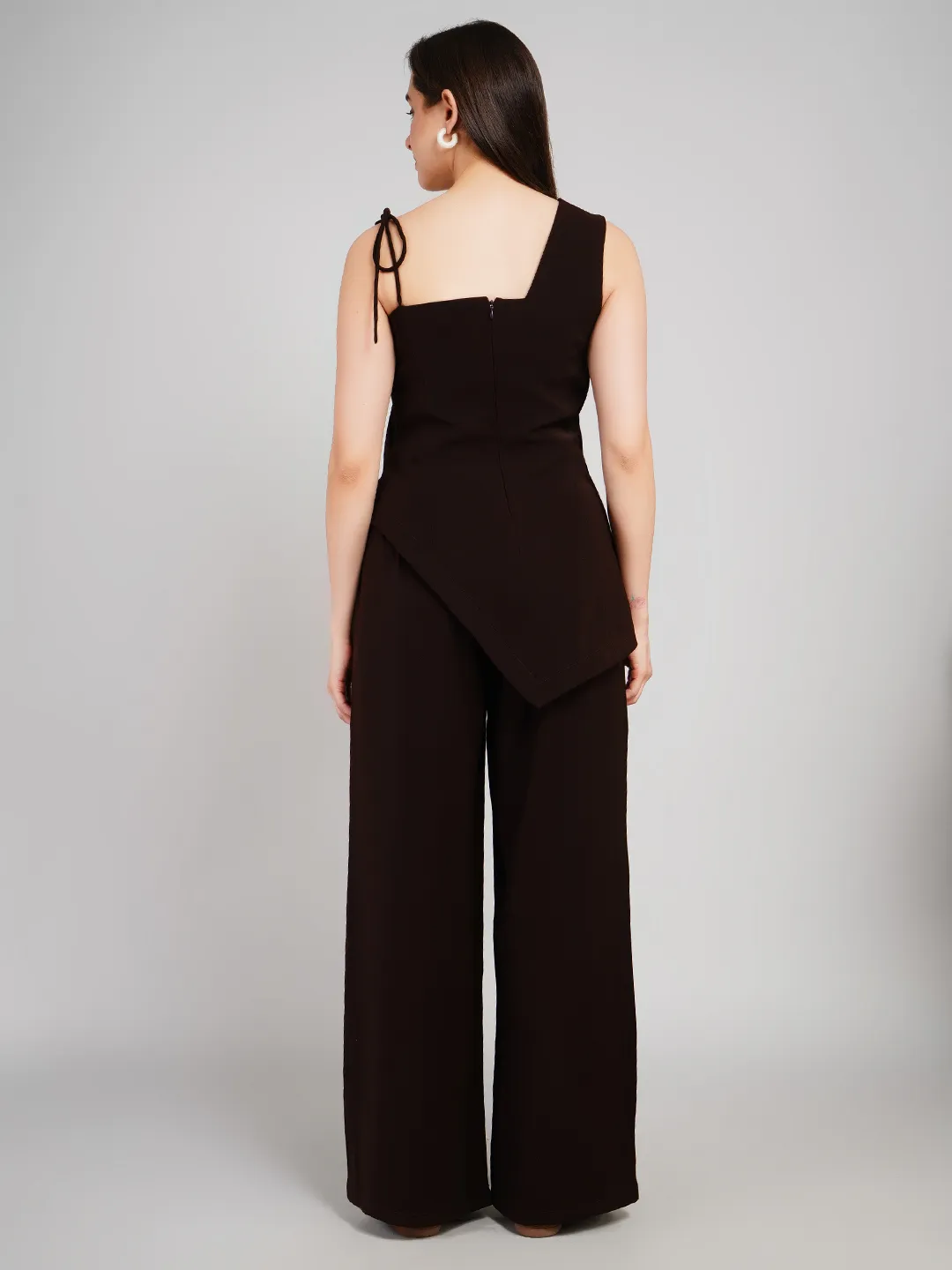 Women Coffee Brown 2-Piece Co-Ord Set with Asymmetric Hem Top