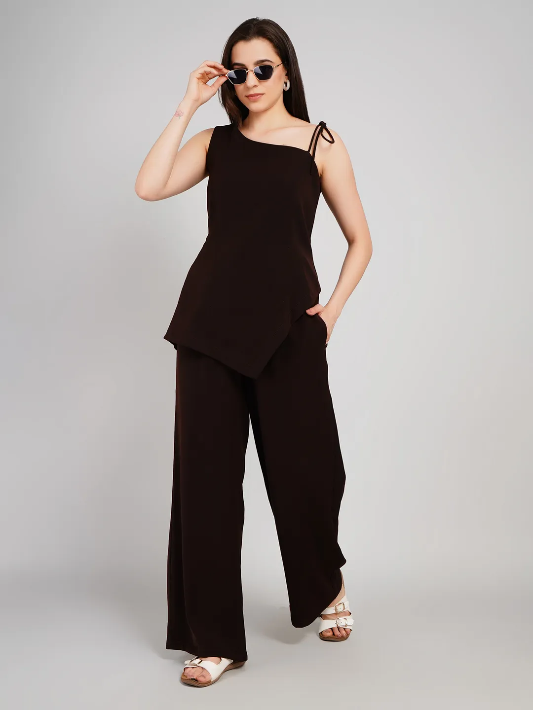 Women Coffee Brown 2-Piece Co-Ord Set with Asymmetric Hem Top