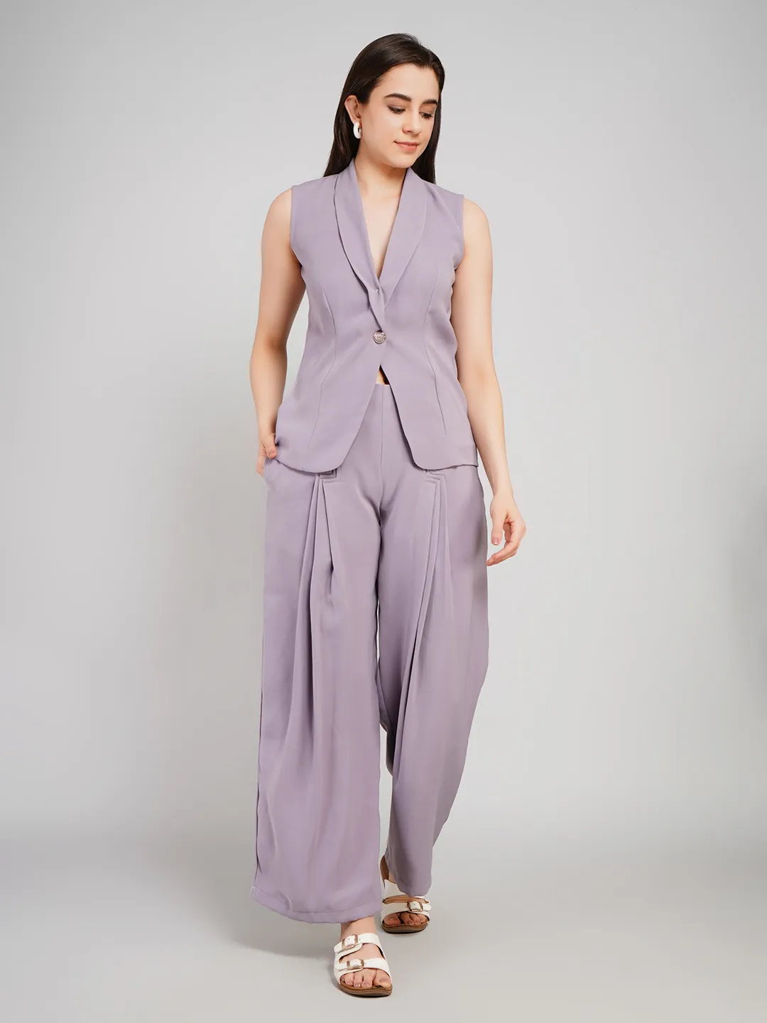 Women Lavender-Grey 2-Piece Co-Ord Set with Shawl-Collar Waistcoat & Pleated Pants