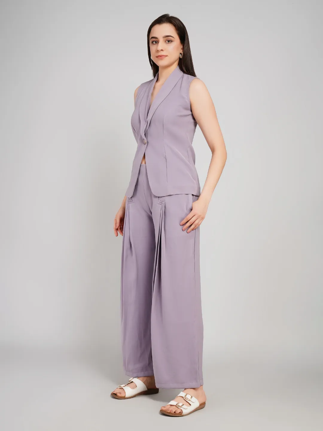 Women Lavender-Grey 2-Piece Co-Ord Set with Shawl-Collar Waistcoat & Pleated Pants