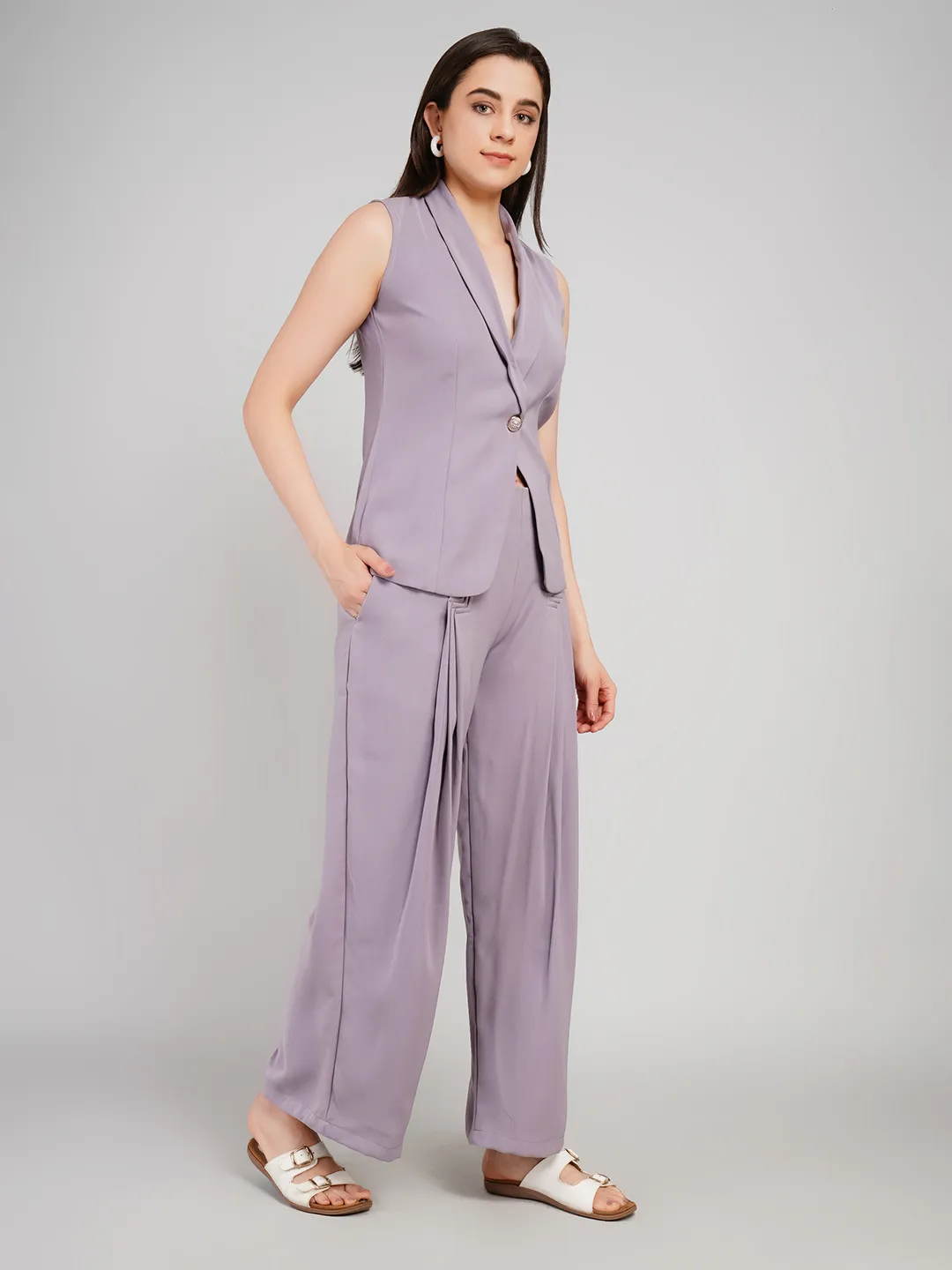 Women Lavender-Grey 2-Piece Co-Ord Set with Shawl-Collar Waistcoat & Pleated Pants