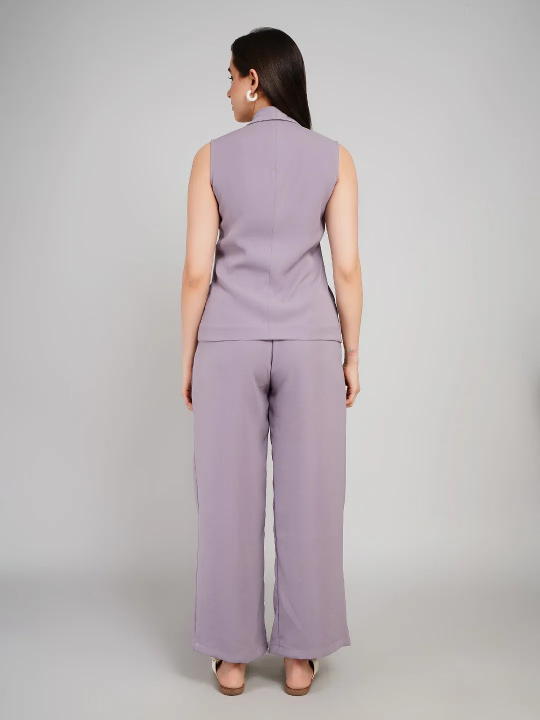 Women Lavender-Grey 2-Piece Co-Ord Set with Shawl-Collar Waistcoat & Pleated Pants