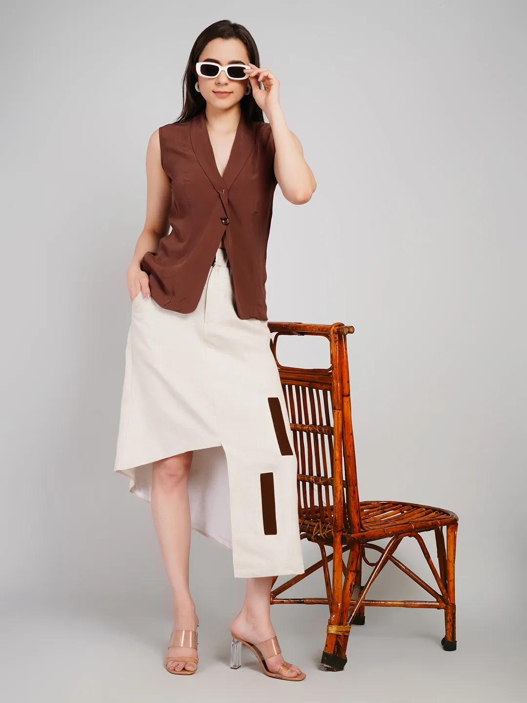 Women Brown & Cream Co-Ord Set with Sleeveless Blazer & Asymmetric Skirt