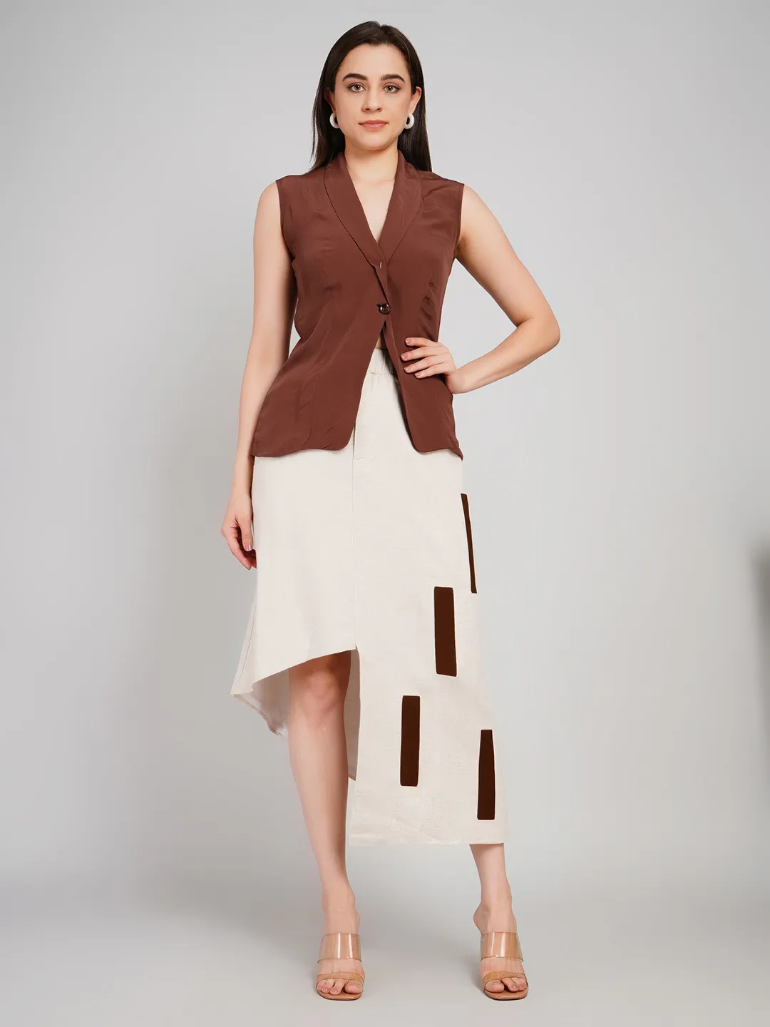 Women Brown & Cream Co-Ord Set with Sleeveless Blazer & Asymmetric Skirt
