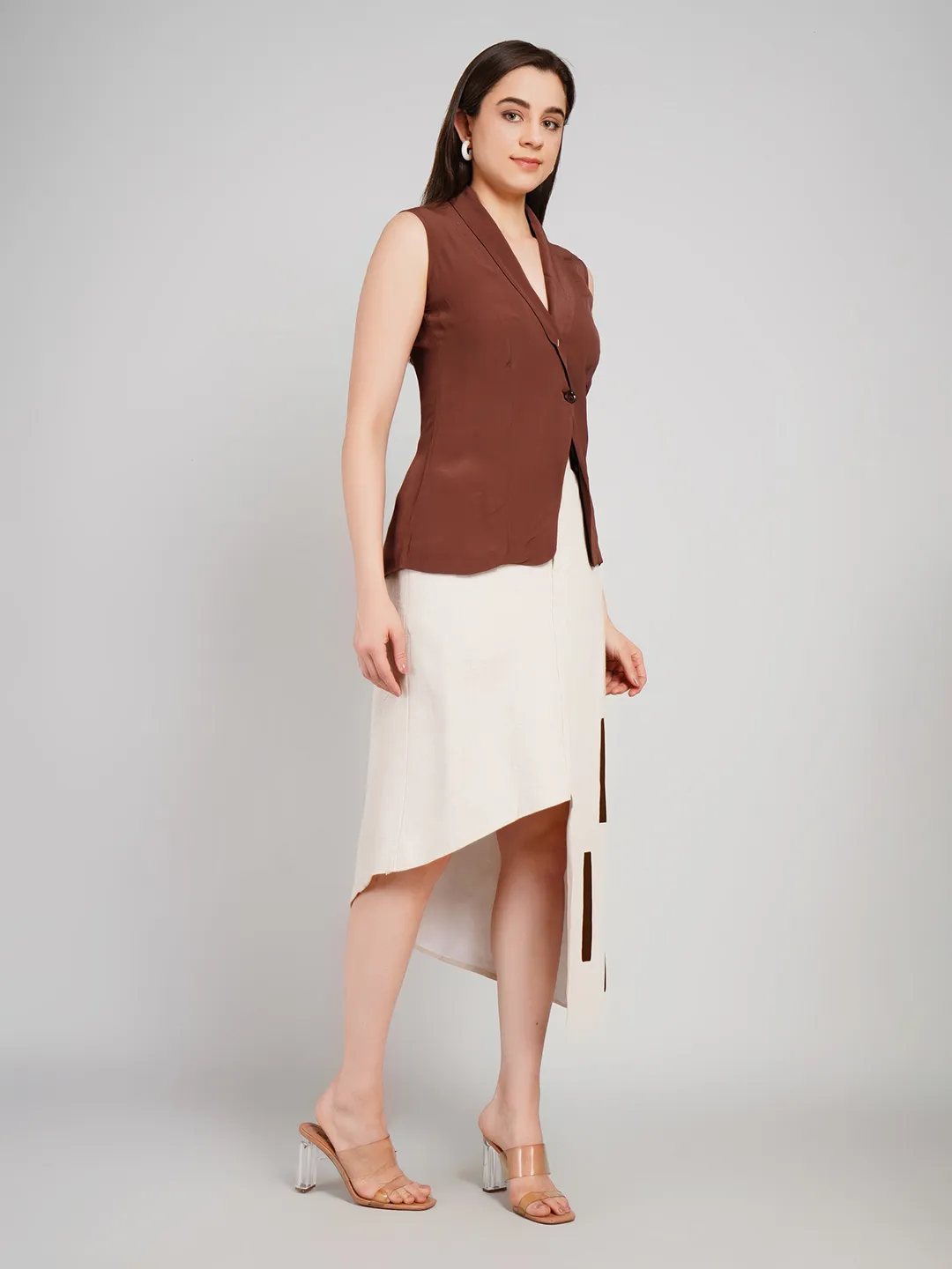 Women Brown & Cream Co-Ord Set with Sleeveless Blazer & Asymmetric Skirt