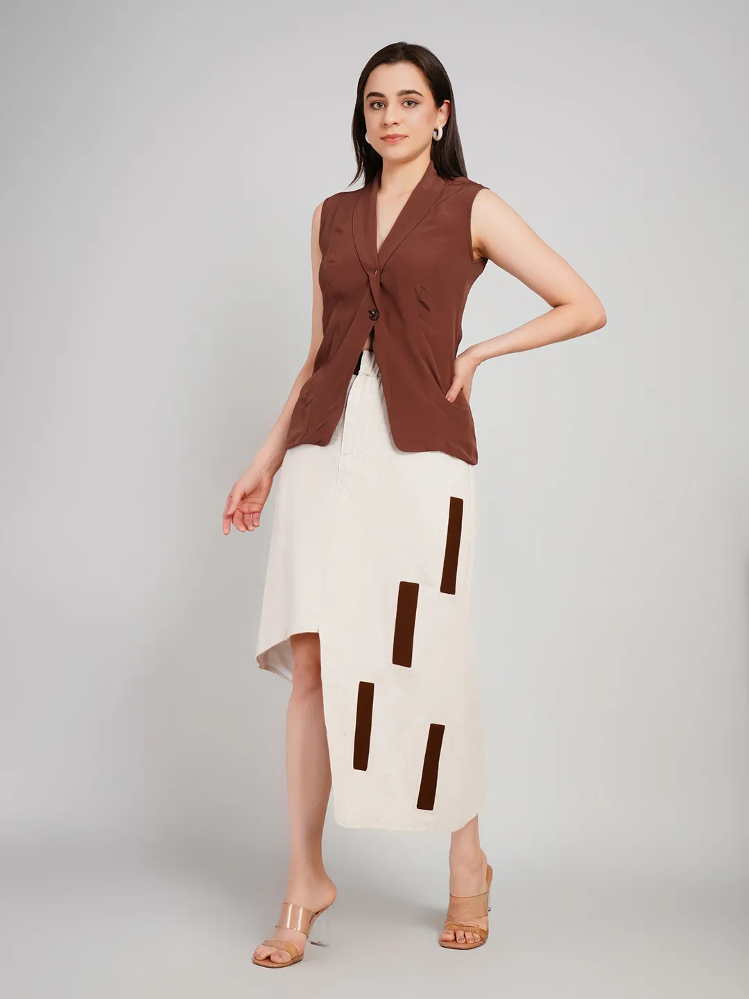 Women Brown & Cream Co-Ord Set with Sleeveless Blazer & Asymmetric Skirt