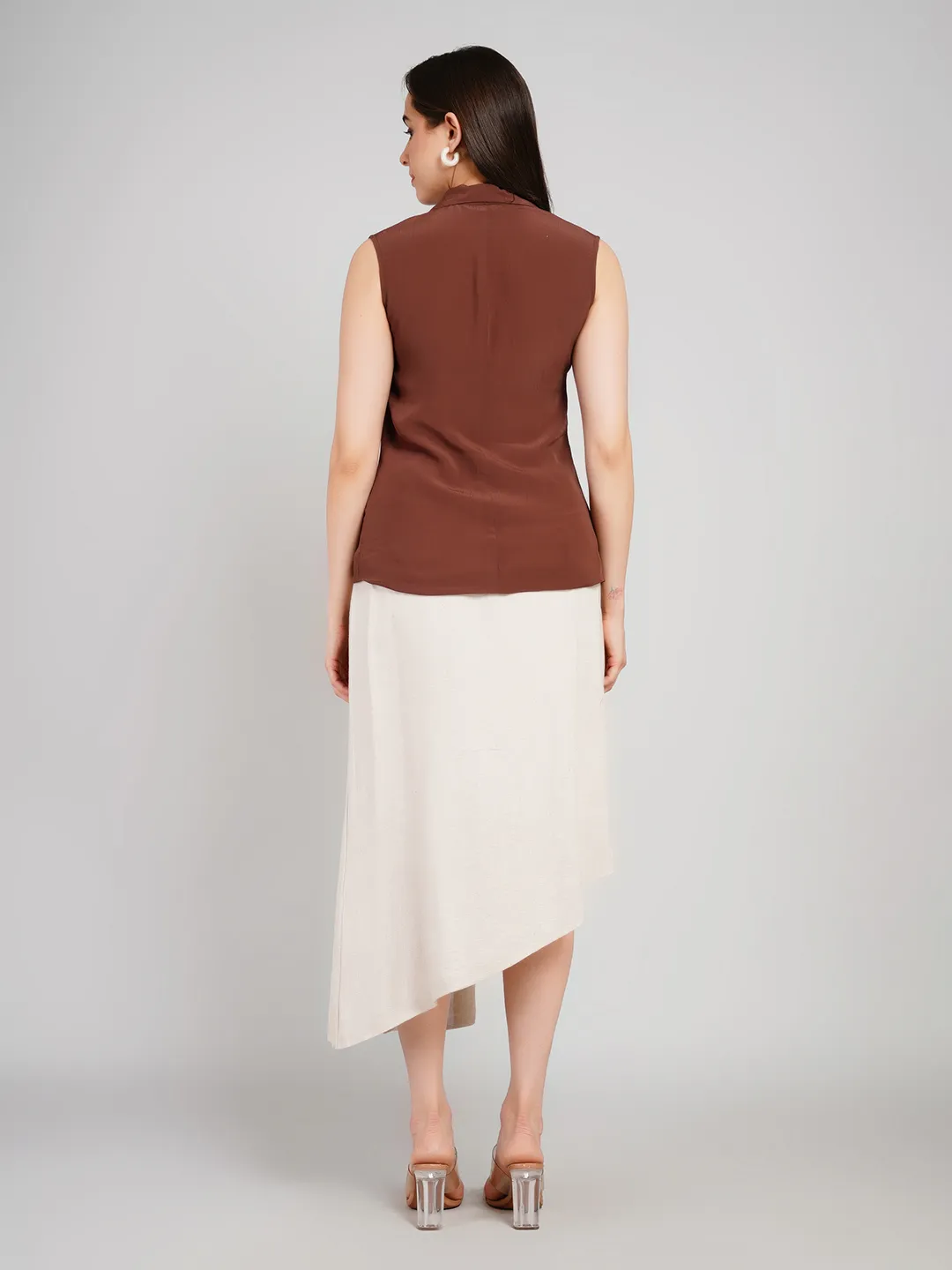 Women Brown & Cream Co-Ord Set with Sleeveless Blazer & Asymmetric Skirt
