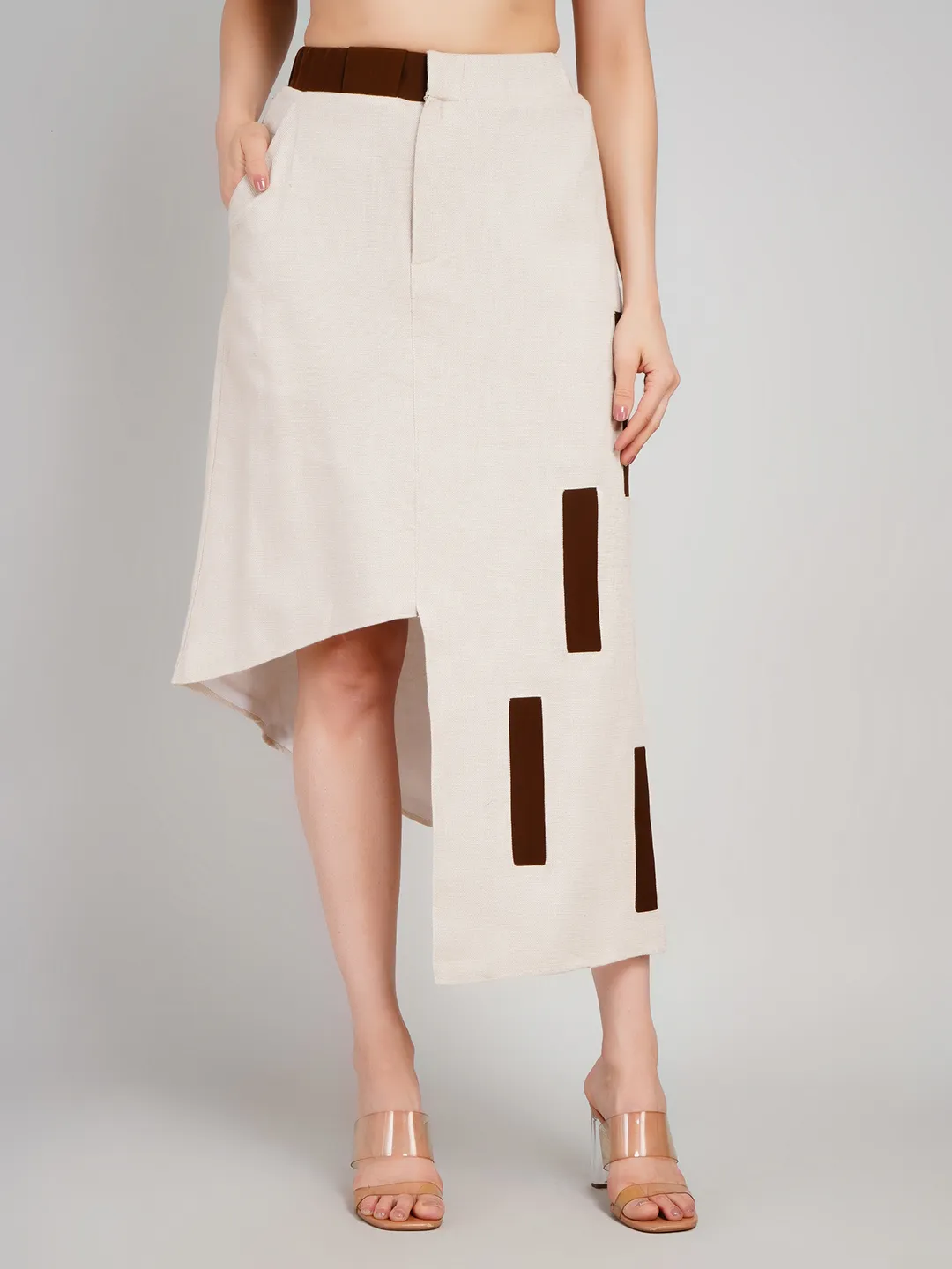 Women Brown & Cream Co-Ord Set with Sleeveless Blazer & Asymmetric Skirt